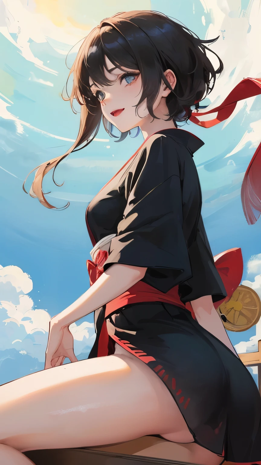 young girl black hair short hair black eye irreverent face look down thin body thin thighs small breasts small ass toned body blue sky cloud hair blowing in the wind high quality High resolution 8K sitting vampire watercolor natural feel Asakusa freckleartial arts ((最high quality)), ((masterpiece)), (become familiar with), look at me and smile, red light district kimono