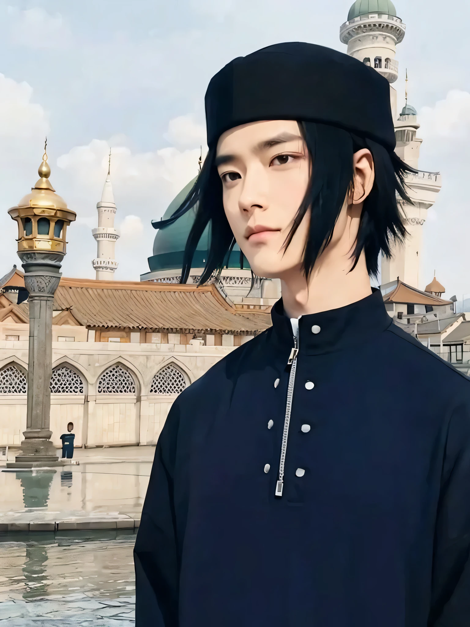 Real life adaption of this character, korean young handsome face man,same hair,wear black cap, realistic eyes,realistic same outfit,normal neck ,same glasses,realistic same mosque background, realistic light, realistic shadow, realism, hyper realistic, (photorealistic:1.2), realistic small eyes