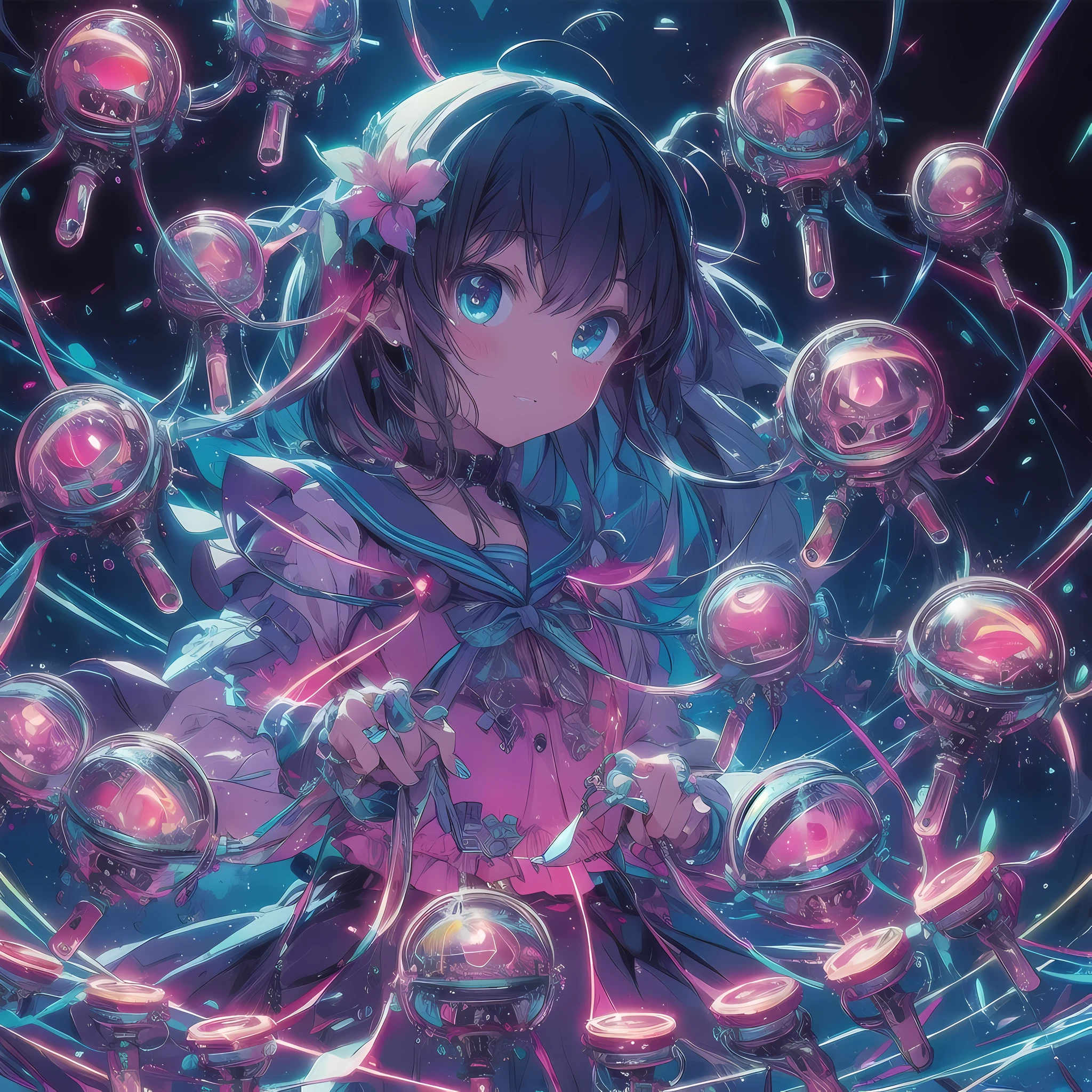 bioluminescent colors、６girl playing a series of castanets、raging castanets、chaos、tap、Dynamic energy、neon、cyber-、Synth is a wave、anime illustration