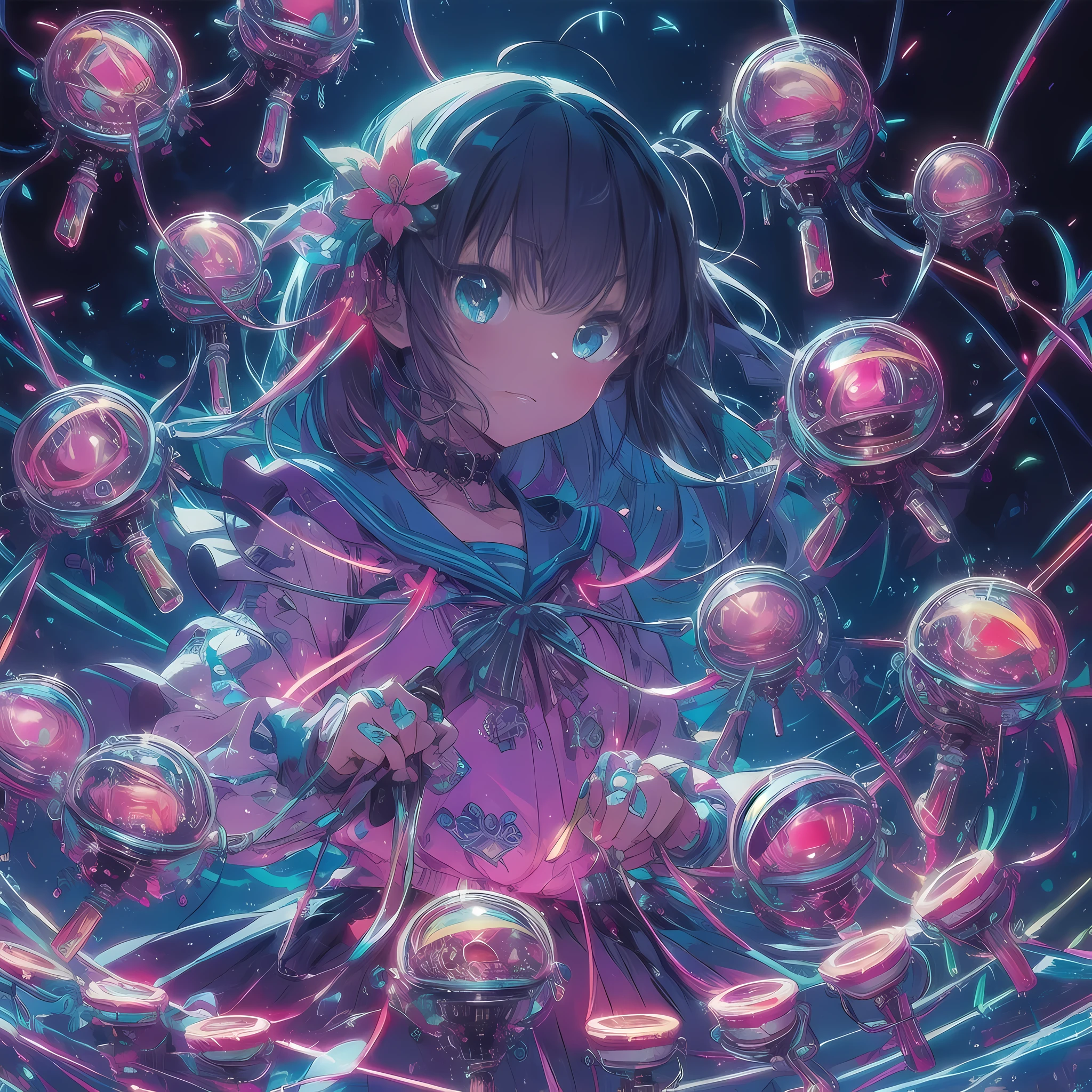 bioluminescent colors、6girl playing a series of castanets、raging castanets、chaos、tap、Dynamic energy、neon、cyber-、Synth is a wave、anime illustration