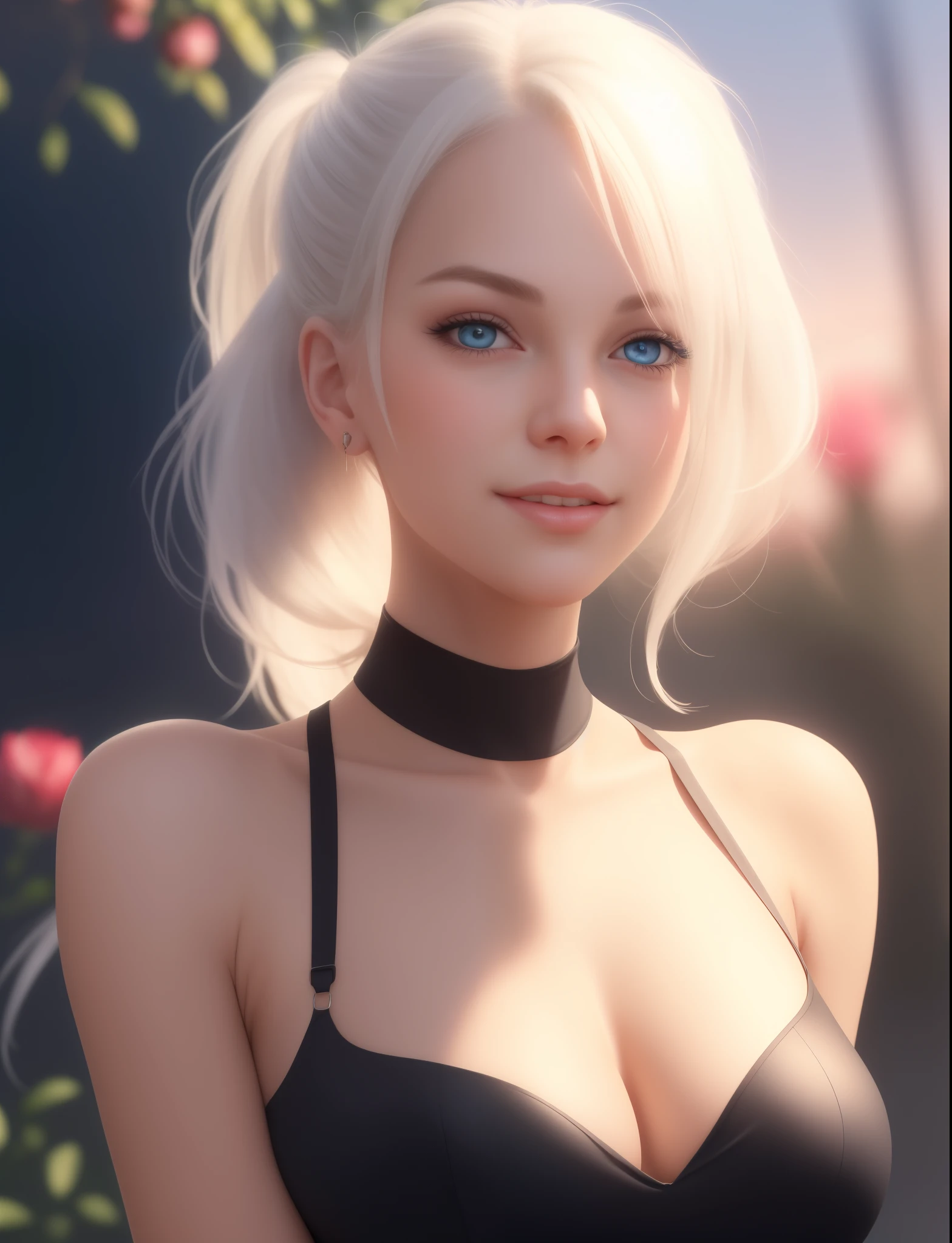 realistic, 1girl, ponytail, parted lips, blush, makeup, light smile, white hair, glow, thighs, (blue eye), (medium breasts), (perfect body), bare shoulders, wear black dress, collarbone, narrow waist, sunbeam, sunlight, rose, wind, cleavage, (masterpiece), sweat, soft light, ultra high res, (photorealistic:1.4), RAW photo, pretty girl, solo, cute, (pupil, lights in the eyes), detailed beautiful face, (high resolution detail of human skin texture)