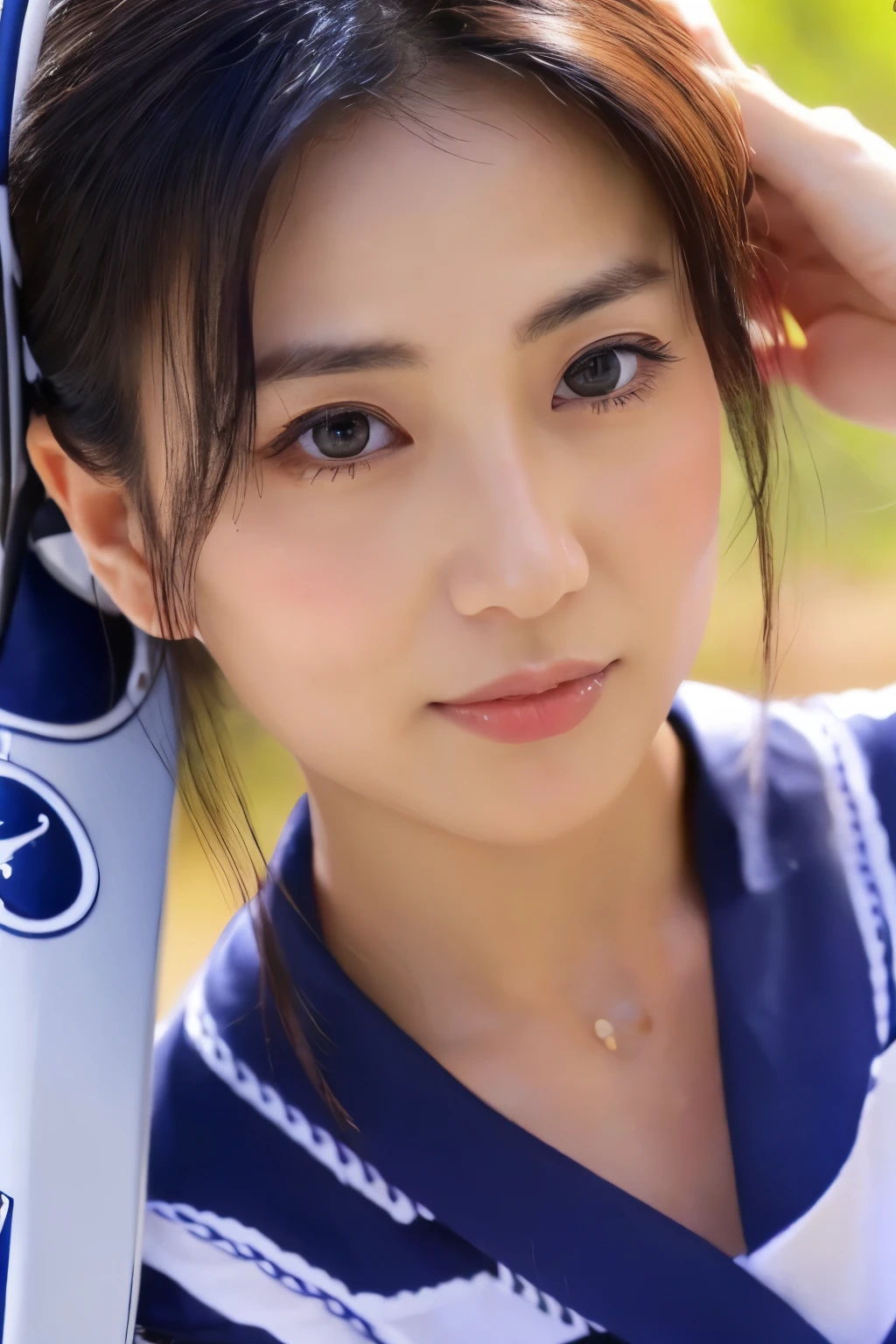 ((Top Quality, 8K, Masterpiece: 1.3)), Sharp Focus: 1.2, (Super Beautiful Face: 1.0), (Slender Abs Beauty: 1.0), (Shiny Skin: 1.0), Realistic Photography, Black Hair, Realistic Pupils, Video Lighting, High Definition Eyes and Face, Video Lighting, (Cowboy Shot: 1.3), (Japanese Cute Actress), in nature, swiming wear, happy, head on