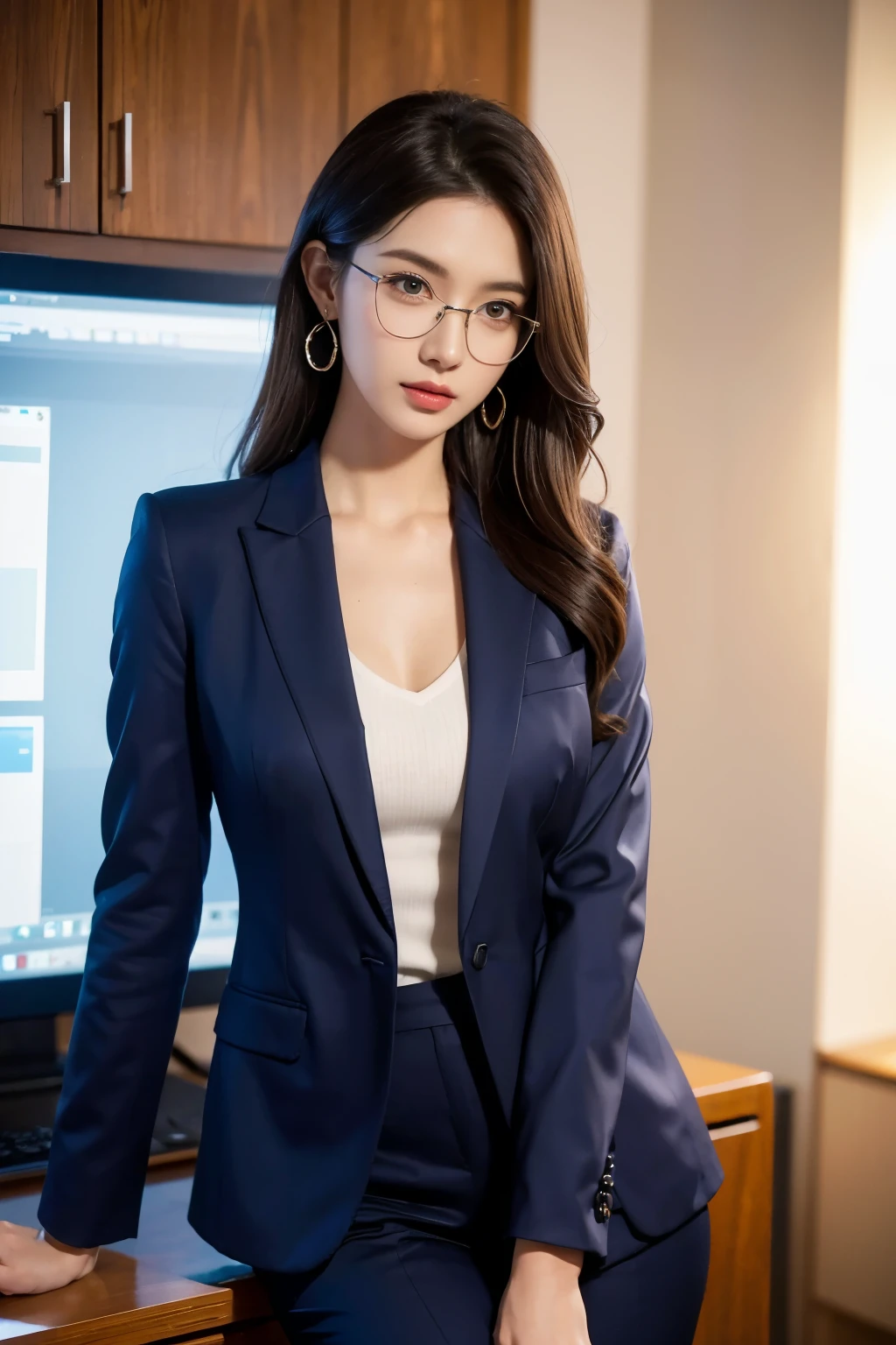 (super detailed, 8k, RAW photo, highest quality), High-definition RAW color photo, professional photos, (realistic, photo-realistic:1.37),Supermodel, 23 years old、 ((In a well-tailored suit)), With a pair of slim heels, Show elegance and confidence, office,computer、eyes staring at the camera,shortcut、 rimmed glasses, long eyelashes, amber eyes, crystal earrings, parted lips,
