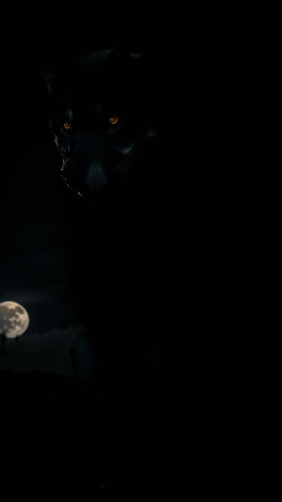 lobo preto, dark forest, glowing eyes, mysterious atmosphere, moonlight, black fur, fierce expression, intimidating presence, night hunting, stealthy movements, haunting howl, wild and untamed, powerful physique, midnight silhouette, ominous shadows, primal instinct, ancient legend, alpha predator, mesmerizing beauty, wolf pack dynamics, majestic wilderness