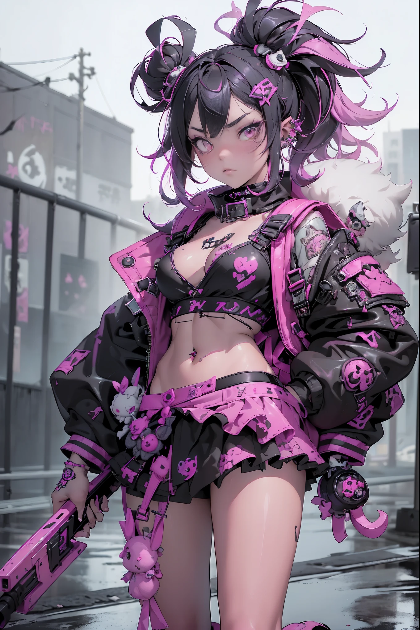 (highest quality、8k、32K、masterpiece、nffsw:1.3)、(Photoreal:1.4),((shoot from front,looking at viewer,(fullbody:1.5),)),((18-year-old punk girl,eccentric punk hair:1.3)),((pink and black punk fashion、flared mini skirt、micro bikini:1.5))、((Holding a stuffed rabbit:1.5))、clothes with studs、((holding a bloody bat in his right hand:1.5))、backpack on the back、(bright black and pink hair:1.5),Wacky makeup、Desolate city in the rain,puddle on the road、(cinematic lighting)、Depth of the bounds written,blurred background、