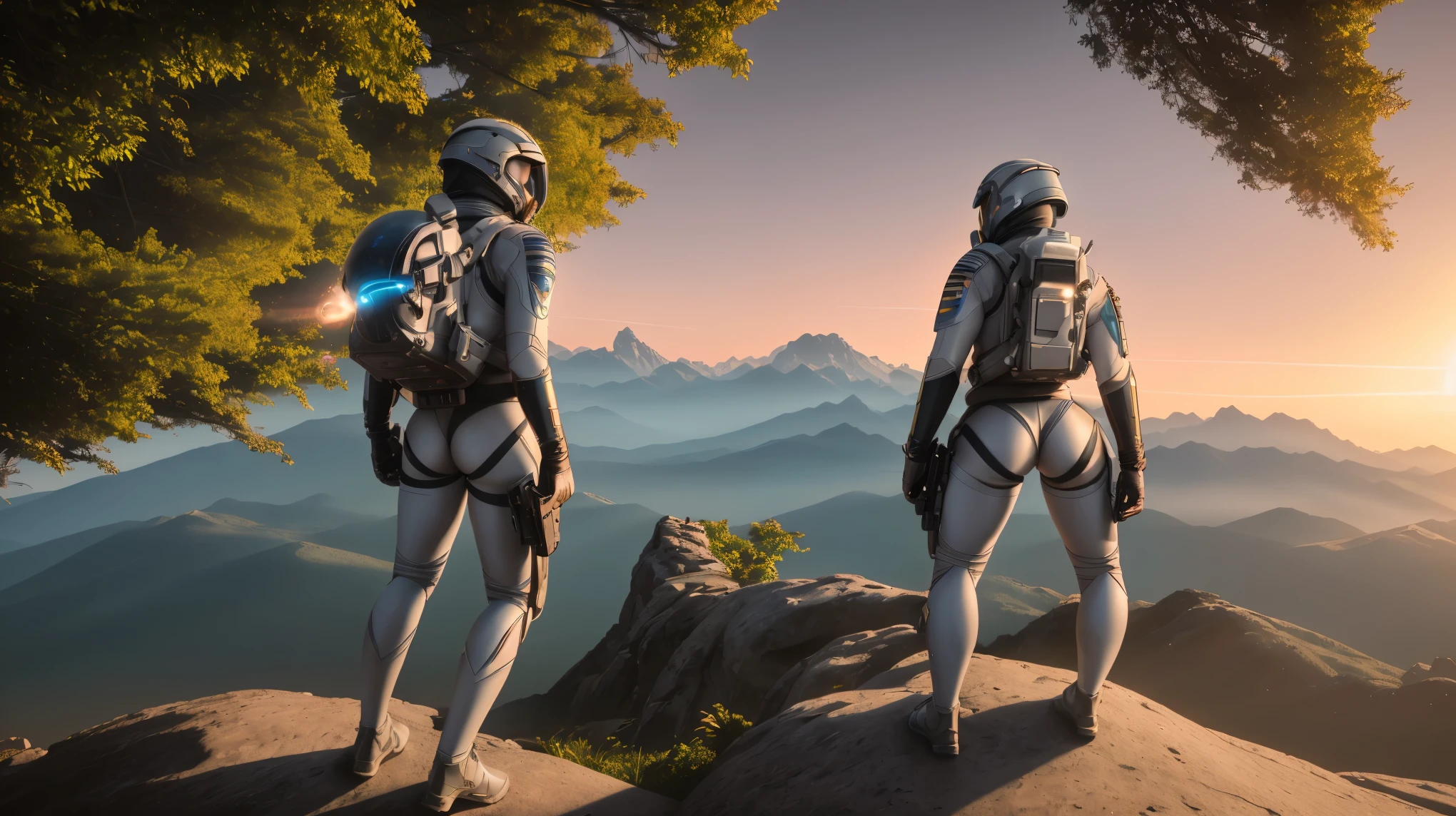 Masterpiece, highest quality, rear angle, Highly detailed photo of a (female space soldier wearing grey and white space suit, helmet, with face shield, rebreather, accentuated booty), athletic body, big ass, [wide hips], (investigating a strange glowing alien artifact), on alien exoplanet, (mountains:1.1), (exotic rain forest), lush vibrant foliage, (two moons in the sky:0.8), (hyperdetailed, intricately detailed), background by Jessica Rossier, (sci-fi), during the day, (lens flare:0.5), (bloom:0.6), particle effects, (cinematic lighting:1.1), sharp shadows, ambient light, [bioluminescente], raytracing, photographed on a Fujifilm X-S10 Mirrorless Camera, 25mm F2.8 ultra-wide-angle lens, sharp focus, Cinestill 800T, still frame from Gravity 2013, 8k, HDR, from behind