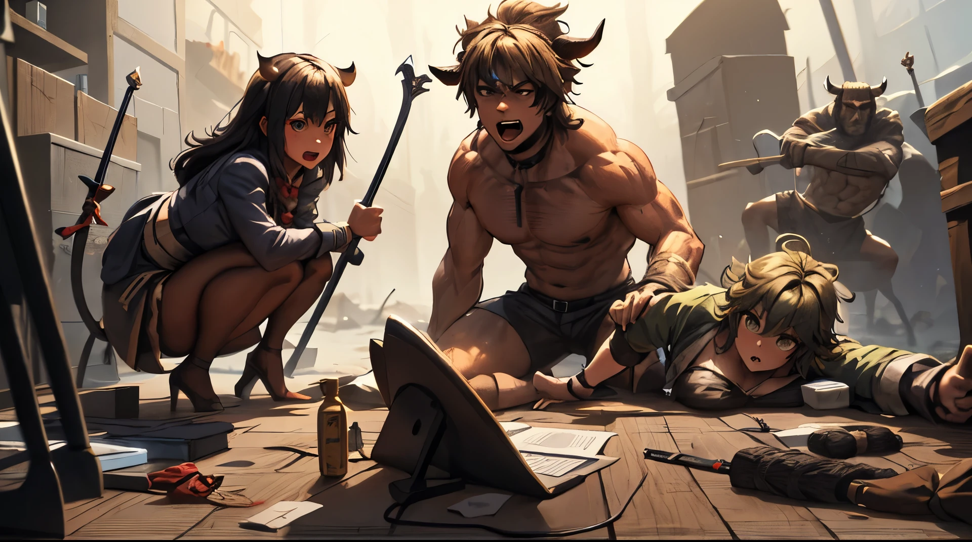 three heroes bow sword magic girl boy magician enemy minotaur with axes thinking boy and girl magician attacking the minotaur computer game game over everyone&#39;s head with HP and manna