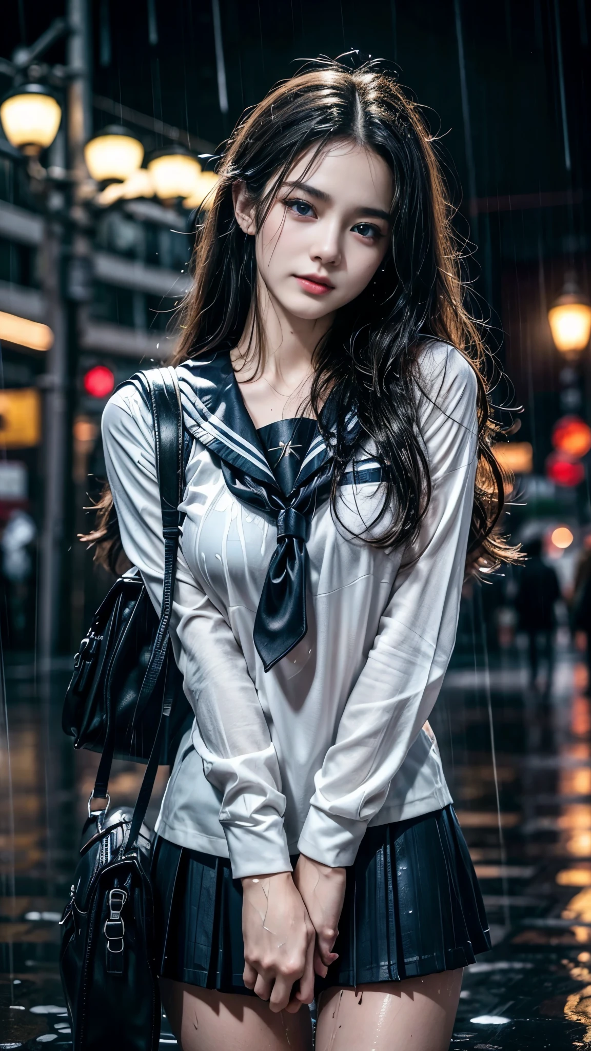 (RAW shooting, Photoreal:1.5, 8k, highest quality, masterpiece, ultra high resolution), perfect dynamic composition:1.2, street corner at night, look up at the sky:1.3, (((Typhoon heavy rain))), Highly detailed skin and facial textures:1.2, Slim high school girl wet in the rain:1.3, sexy beauty, perfect style:1.2, beautiful and aesthetic, Fair skin, very beautiful face, (rain drips all over my body:1.2, wet hair:1.4, wet uniform:1.2), water droplets on the skin, (Medium chest, Chest gap), (embarrassing smile, The expression on your face when you feel intense caress, Facial expression when feeling pleasure), (beautiful blue eyes, Eyes that feel beautiful eros:0.8), (Too erotic:0.9, Bewitching:0.9), cowboy shot, student bag, perfect limbs, perfect fingers