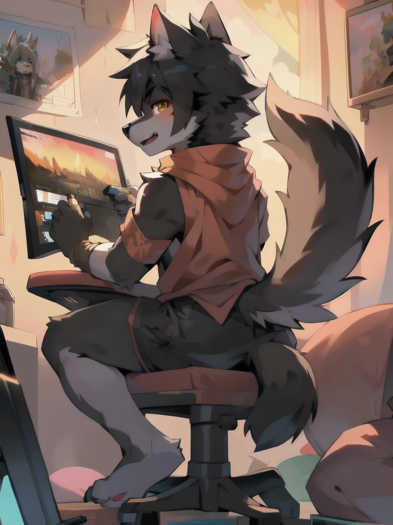 Black Wolf Boy,Play games while sitting on a gaming chair,Turn around and say hello