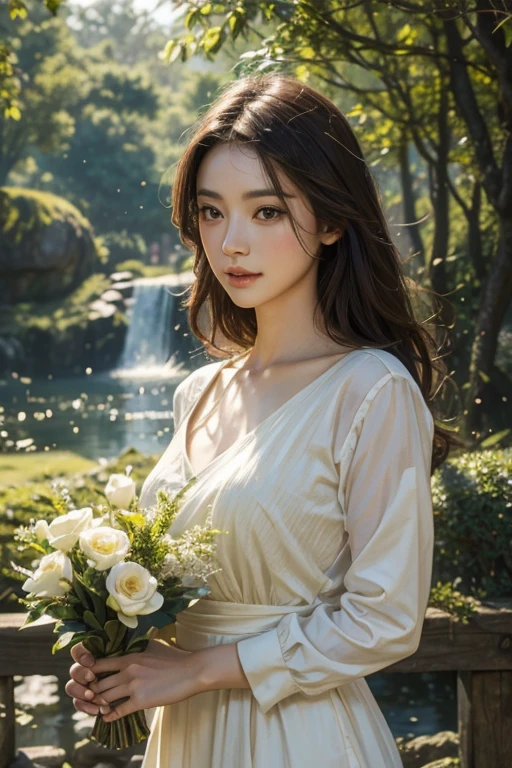 A girl in a garden, oil painting, vibrant colors, detailed eyes and lips, flowing dress, peaceful atmosphere, blooming flowers, sunlight filtering through the trees, soft brushstrokes, impressionistic style, warm color palette, graceful movements of the girl, delicate brushwork on the flowers, lush greenery, tranquil setting, a hint of breeze, Wu Guanzhong's influence, harmonious composition, evoking a sense of serenity and beauty. (best quality, highres, ultra-detailed, photorealistic:1.37), HDR, professional lighting.