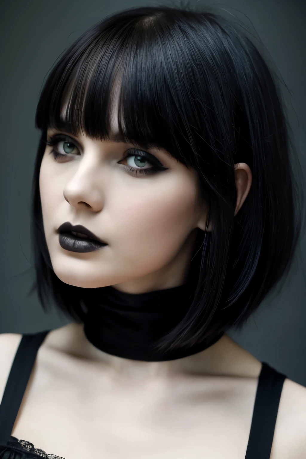 white woman, pretty woman, pretty face, delicate face, pale skin, black hair, gothic, gothic woman, pretty gothic woman, gothic makeup, short bangs, short bangs hair, gothic short bangs, long hair, long hair and short bangs, 18 years old, 18 years old woman, gothic dark makeup