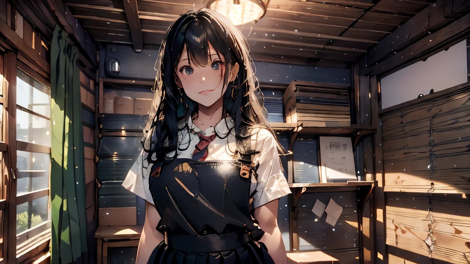 study、big bookshelf、Piles of books、ladder、loft、stage、desk、Leather sofa、lamp、ceiling circulator、big window、rain、ceiling fan、in the forest