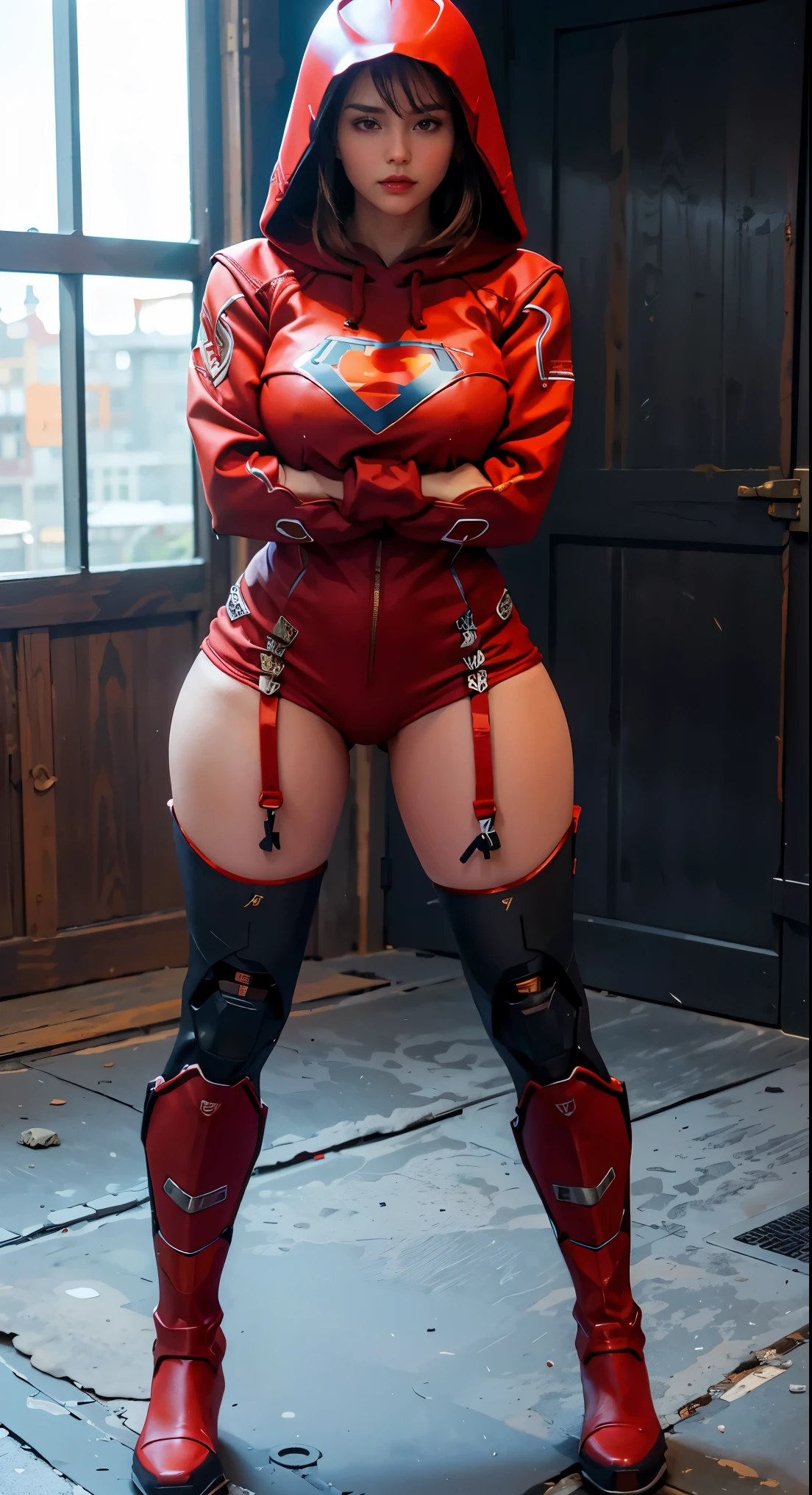 One Woman Super Girl Outfit Metal Boot Robotic Arms Sexy Red Hoodie Helmet, seios grandes, athletic body, botas pretas nuas, calcinha preta, capa preta com capuz, acara do batiman nsfw 