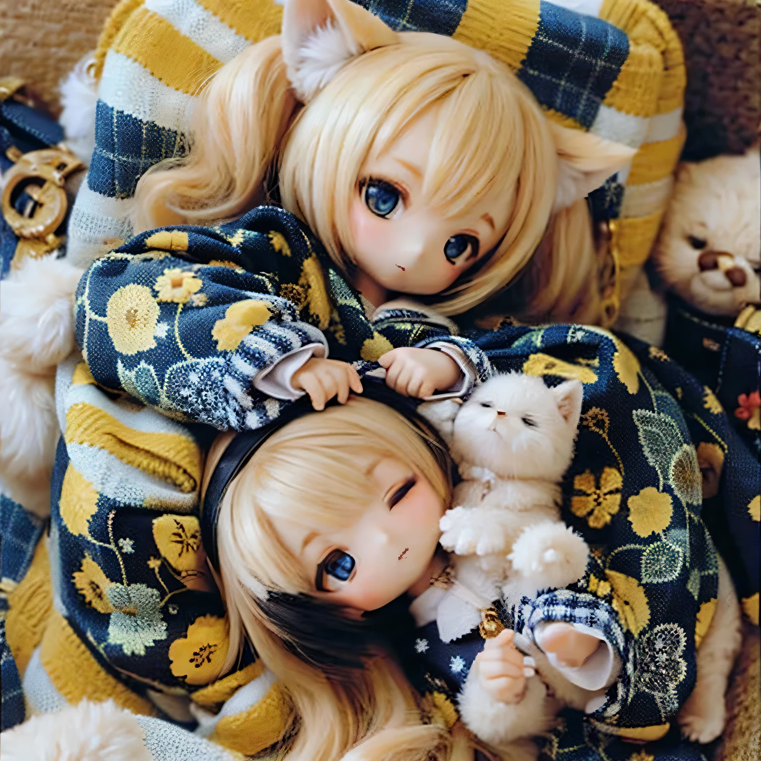 Wildcat girl sleeps in bed wearing chibi pajamas