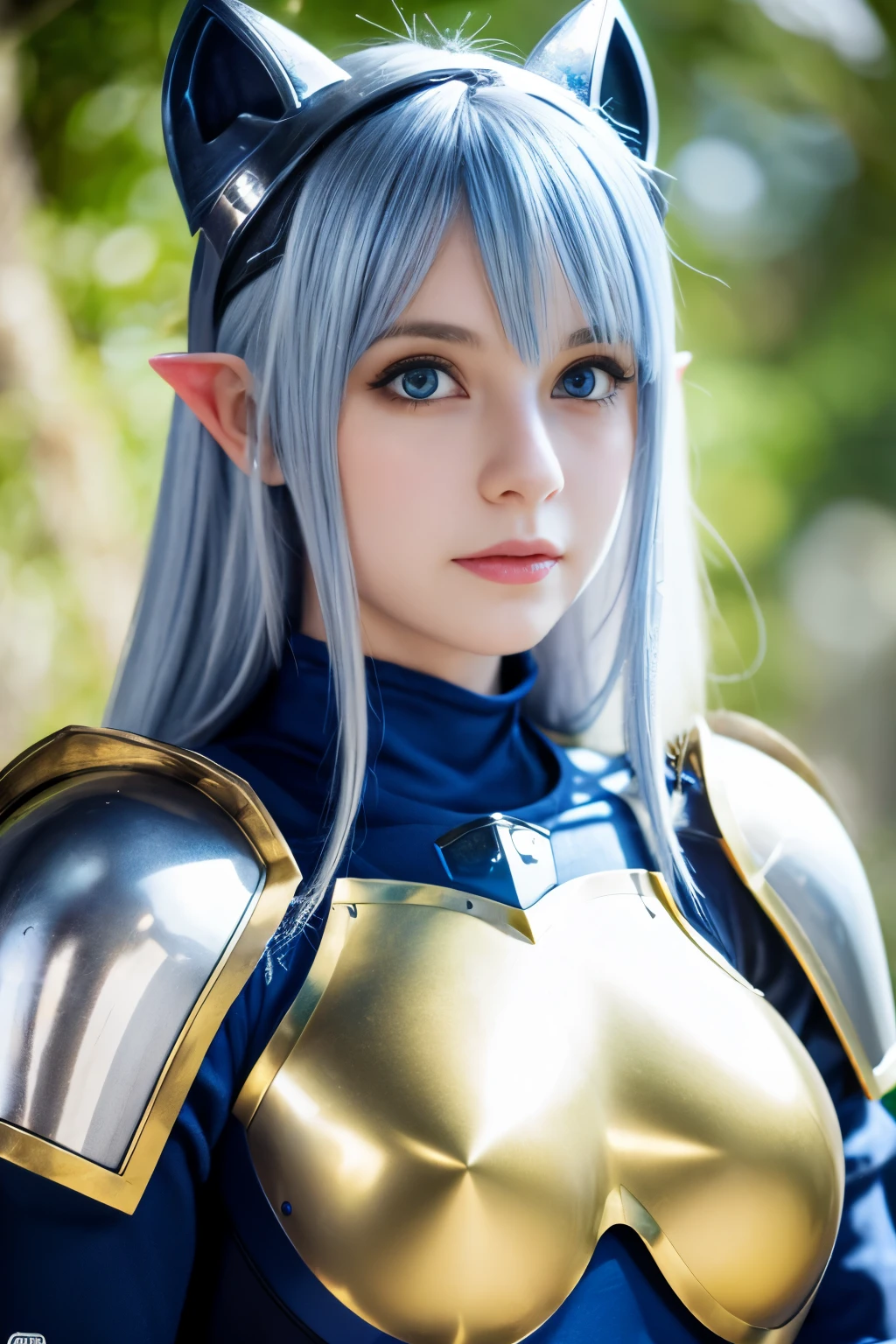 Cute girl, blue golden knight armor, Knight helmet, Huge tits, Headband, silver hair, elf ears, Beauty mark under the eyes, Blue eyes, Complex details, Hinge, Masterpiece, Best quality, 4K,
