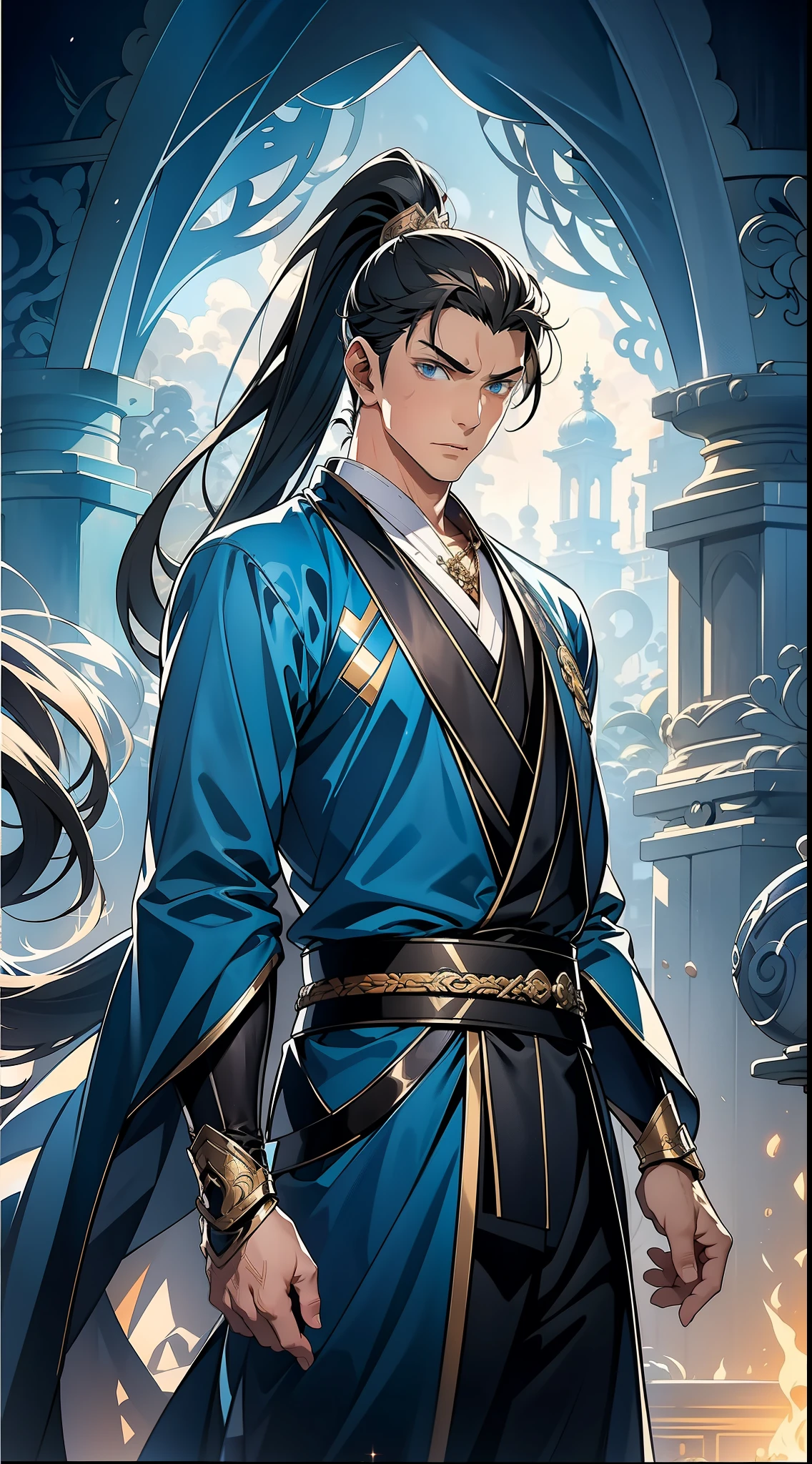 Two dimensions,anime style,one person(male warrior),proportions are correct,facial details,swordsman,high ponytail hairstyle,neck detail,Have an Adam's apple,blue suit,joke,blue robe,clothing details,transfer,long sleeves,Game quality,fencing,Ray tracing,Ray tracing,Detailed glow,CG rendering,hair details,long black hair,blue eyes,Handsome,Handsome,(Youthful feeling),Costumes are complicated,Perfect composition,Refinement,high quality,higher details,many details,Complex background,a sense of atmosphere,