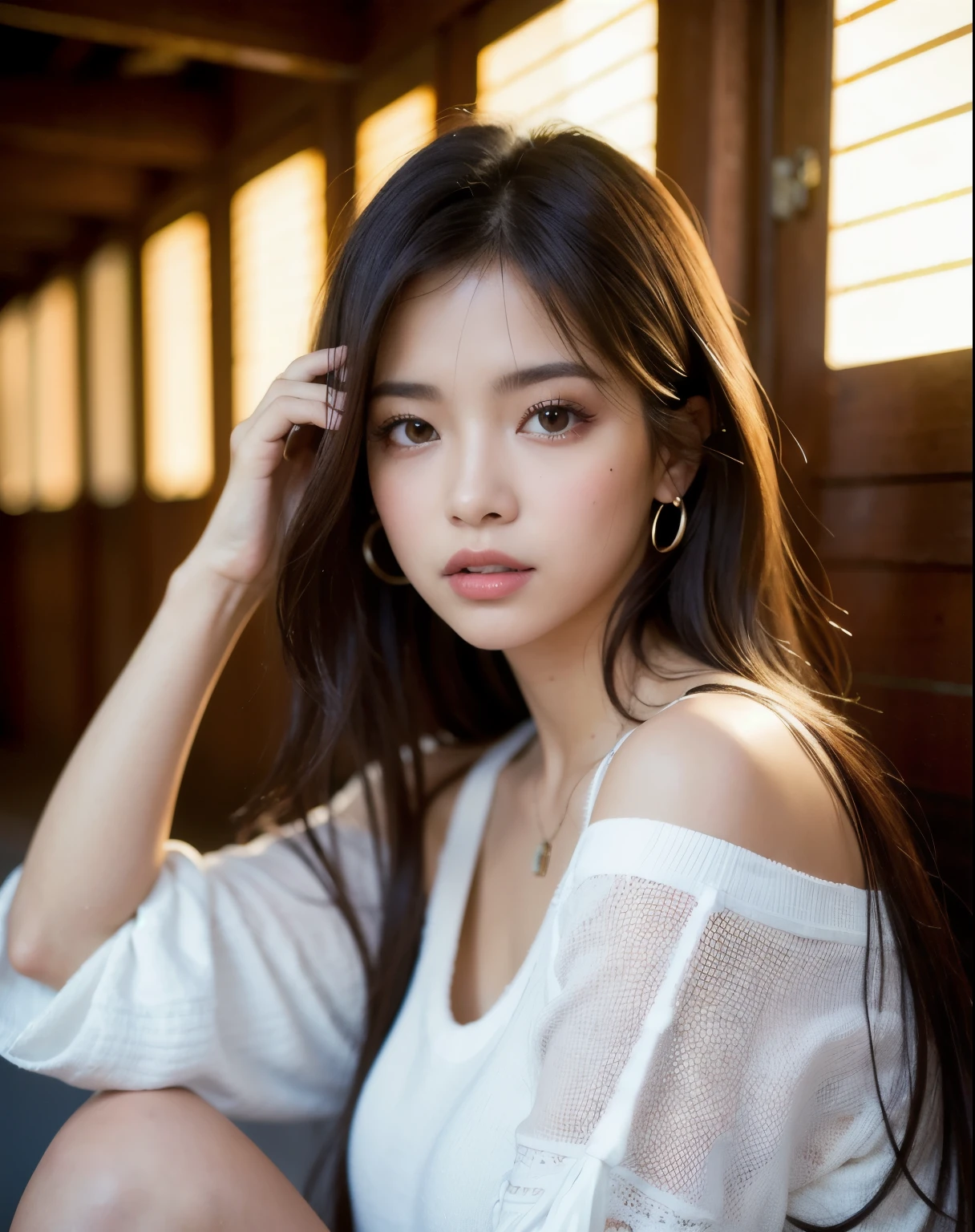 Mejor calidad, enfoque facial, luz tenue, ultra high resolution, (fotorrealista:1.4), foto cruda, jennie de blackpink,
1 chica japonesa, solo, lindo, (alumno, luces en los ojos), cara hermosa detallada, (),(High resolution detail of human skin texture.),
(pelo largo),
Interior,
Vestido camisero damasco,
(retrato)
