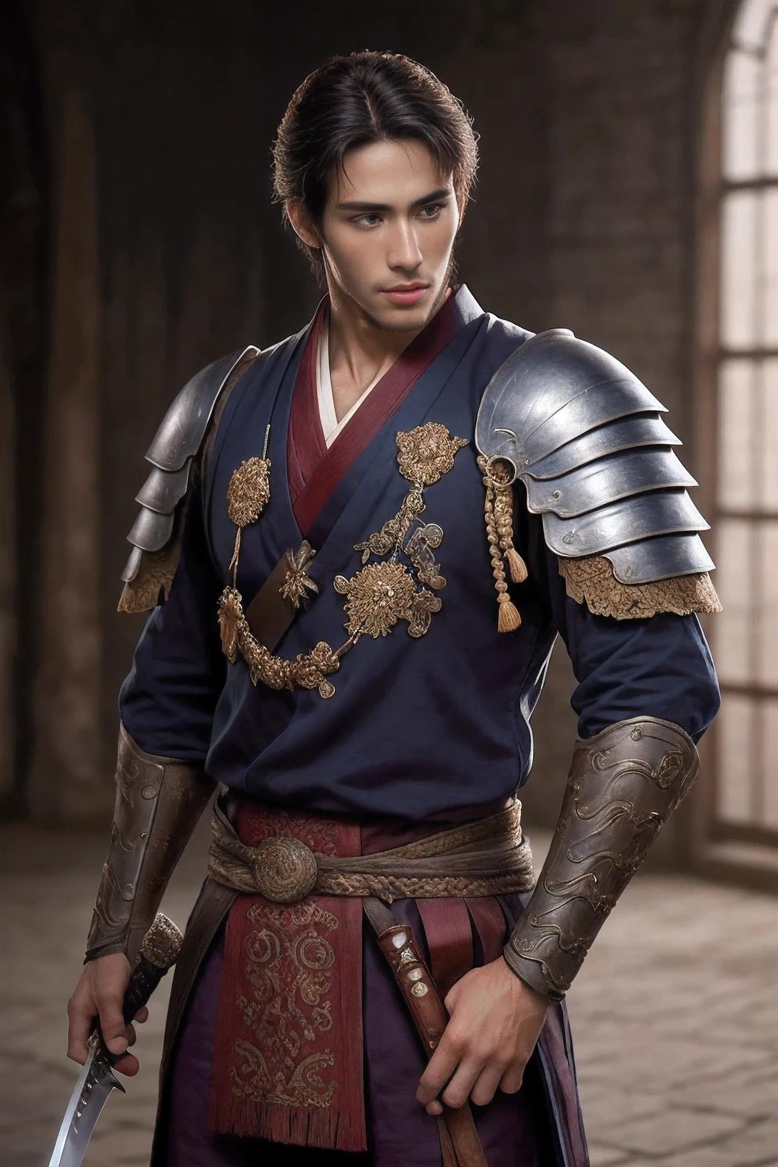 Realistic photography, handsome swordsman 