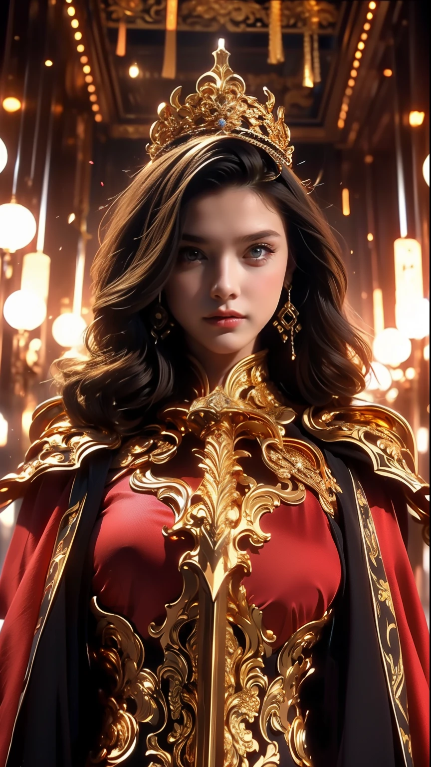 ((Best quality)), ((masterpiece)), (highly detailed:1.3),a woman wearing black armor, long hair. Rights hand Holding a luxury sword, armor war scene, super cute face, super slim body, super slim, small waist, super perfect huge breast, perfect huge round breast, smooth skin, silky hair, blue eye, 16 year old, red robe,blue hijab with a princess crown , luxury golden pattern armor, blonde, fighting style, red lips, blushing, erect nipples ,