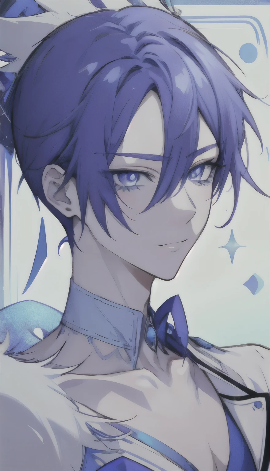 Close-up of a cartoon male character wearing a white and blue leotard dress、boy with long dark blue hair、boy with long pale purple hair、blue eyed boy、solo、zodiac boy、magical boy、portrait zodiac boy、sapphire prince、blue The scales and blue ribbon that cover his chest、white high heels、blue leotard underwear、!!full body portrait!!、 magical boyのスタイル、magical aura、heavenly aura、ice aura、anime prince、naughty anime style、Hymn to the King as a Prince、