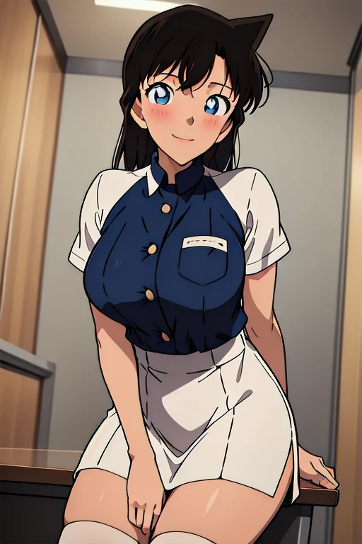 1 girl, nurse, nurse cap, white clothes, ((white knee highs)), blue eyes, smile, Are standing, ((hospital room)), sharp outline, short sleeve, highest quality, masterpiece、revealing clothes、(Always Panchira),big breasts、put your chest on the desk