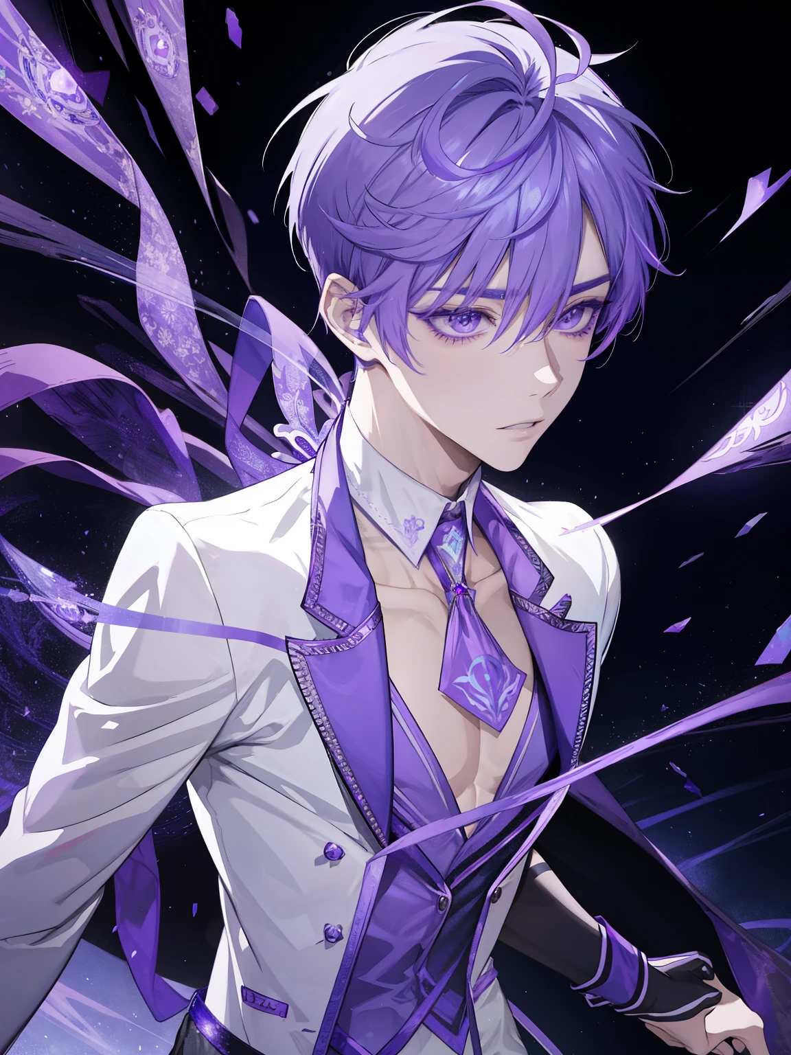 Close-up of a cartoon male character wearing a white and purple leotard dress、boy with short light purple hair、boy with short dark purple hair、boy with purple eyes、solo、zodiac boy、magical boy、portrait zodiac boy、prince of amethyst、purple Scales and purple ribbon cover his chest、Purple Thigh Boots、purple leotard underwear、!!full body portrait!!、 magical boyのスタイル、magical aura、heavenly aura、Lightning aura、anime prince、naughty anime style、Hymn to the King as a Prince、