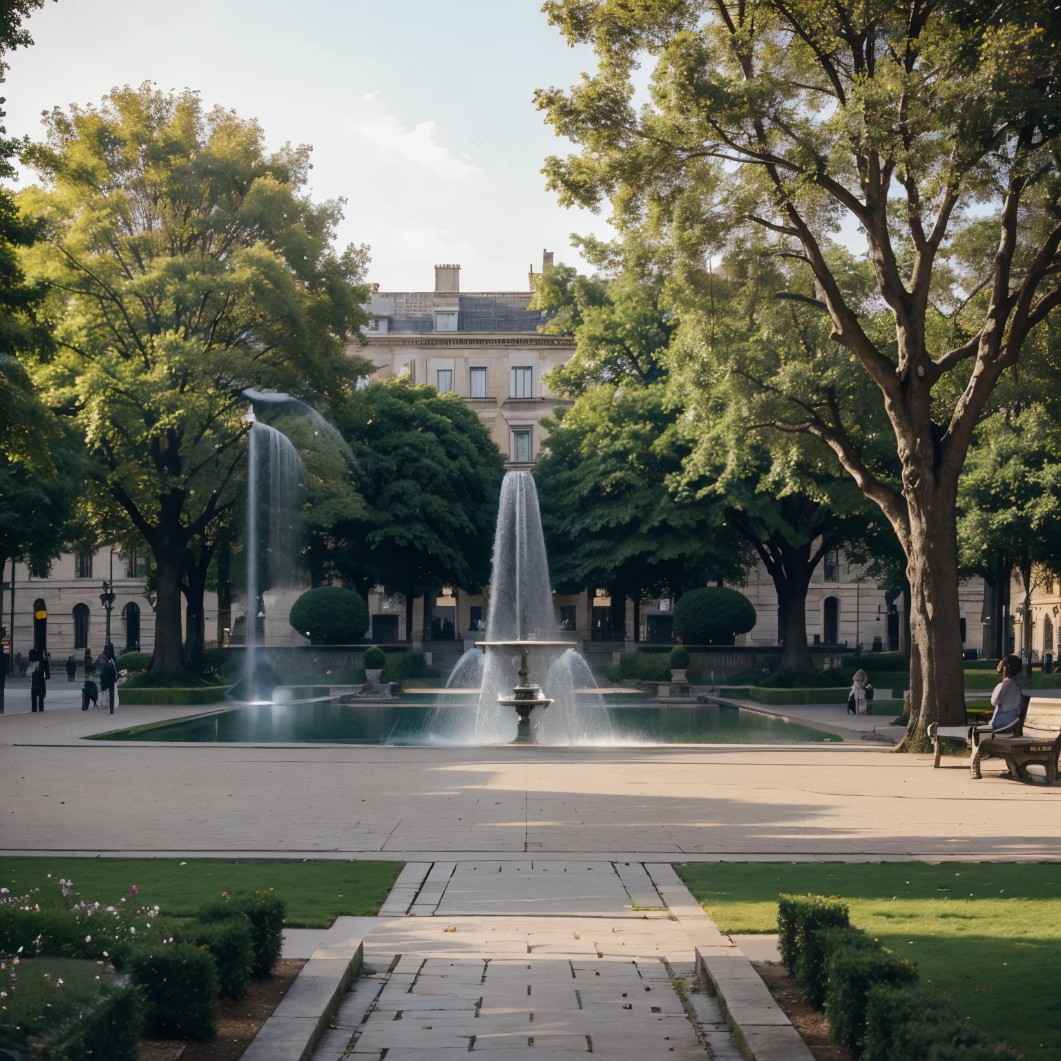 "Craft a scene of an expansive city square, featuring elaborate fountains and ornamental gardens, with benches invitingly empty and the only movement coming from the gentle sway of tree branches in the breeze, no humans"
