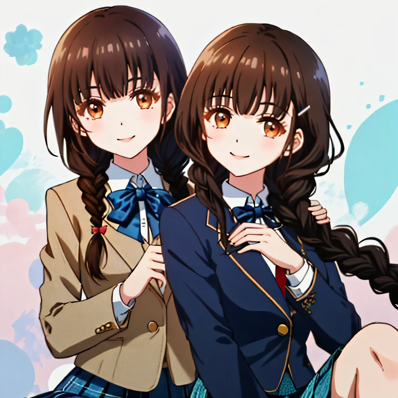 highest quality, (masterpiece:1.2), very detailed, One girl looks at the viewer and smiles, Glossy lips that make you want to kiss, nice smile, brown eyes, (((dark brown hair))), 15 years old, long braids, big shiny hair clip, school uniform, Dark blue and navy plaid skirt, middle long skirt, white shirt, Luxurious navy blazer with a golden patch on the left chest, big school ribbon tie, very shiny hair、laughter、bright look、Your face and hair shine in the light, The corners of the eyes are drooping, Cute braids, I'm so happy I can jump up, The expression of a maiden in love, (((Twin braided hair))), (((The skirt material is a beautiful navy blue check pattern and is knee length.。.))), A gentle and cute expression staring at the viewer, double eyelid, ((long eyelashes)), pure white background