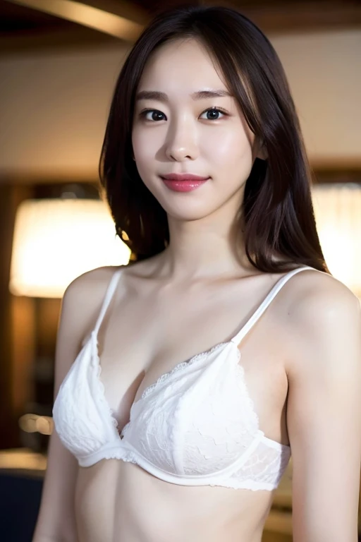 (masterpiece), (highest quality: 1.0), (ultra high resolution: 1.0), (upper body shot: 1.5), detailed, one young girl, (detaileds: 1.5), detaileded Beautiful Skin, face focus, (detaileds: 1.5), watch viewer, white bra, race, clavicle, race_trim, length_hair, Brown_hair, (Gakki: 1.2), drive background, smile, nature, Slender beauty, small breasts, whole body, straight hair、Slight cleavage、cinematic lighting