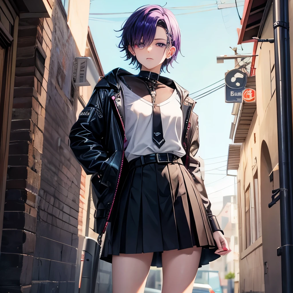 Anime styled,cute,white skinned boy, purple eyes,short,all dressed in black,grunge,goth aesthetic, tattoos,piercings,skirt