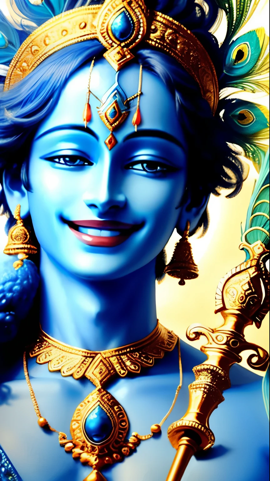 ancientstyle Lord Krishna, Hindu God, playing flute, blue skin, peacock feather in head, blessing at the viewer, (smiling:1.4), heavenly blue aura in background, (closeup shot:1.8), artstation, digital art, detailed beautiful eyes