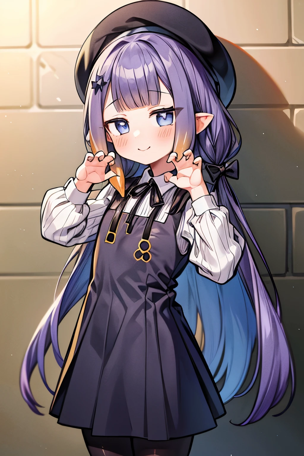 ((Ninomae Ina'niasterpiece)), ((Masterpiece)), (Anime:1.3), ((best quality)), (RAW photo: 1.2), (High Definition:1.3), (Professional Photography:1.2), 1 girl, (Beautiful eyes), Bright smile, (claw pose), (Flat chest), Colorful hair, Big eyes, (inapainter), (pinafore dress), beret, (pantyhose), BREAK, ((Masterpiece)), ((best quality)), (against the block wall:1.3),