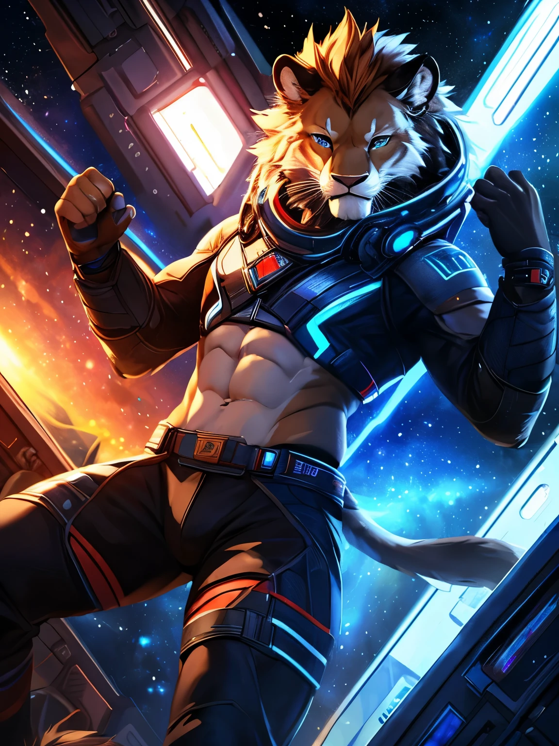 posted on e621, (by Chunie), male, Lion anthro, solo, (Realistic eye details 1.2), anime character, arafed image of a man in a space station with a mask, pov furry art, anthro paw pov art, furry paw pov art, commission for high res, furry art!!!, very very beautiful furry art, furry art, on a space station, in a space station, fursona furry art commission, detailed fanart, fursona art, furry fantasy art, slim body, full body like, in a panoramic view, masterpiece, Abstract beauty, ultra detailed face, depth of field, motion blur, high details, high quality, award winning, HD, 16k, (best quality,4k,8k,highres,masterpiece:1.2),ultra-detailed,realistic:1.37,HDR,UHD,studio lighting,extreme detail description,professional,vivid colors,bokeh,lively atmosphere, natural lighting