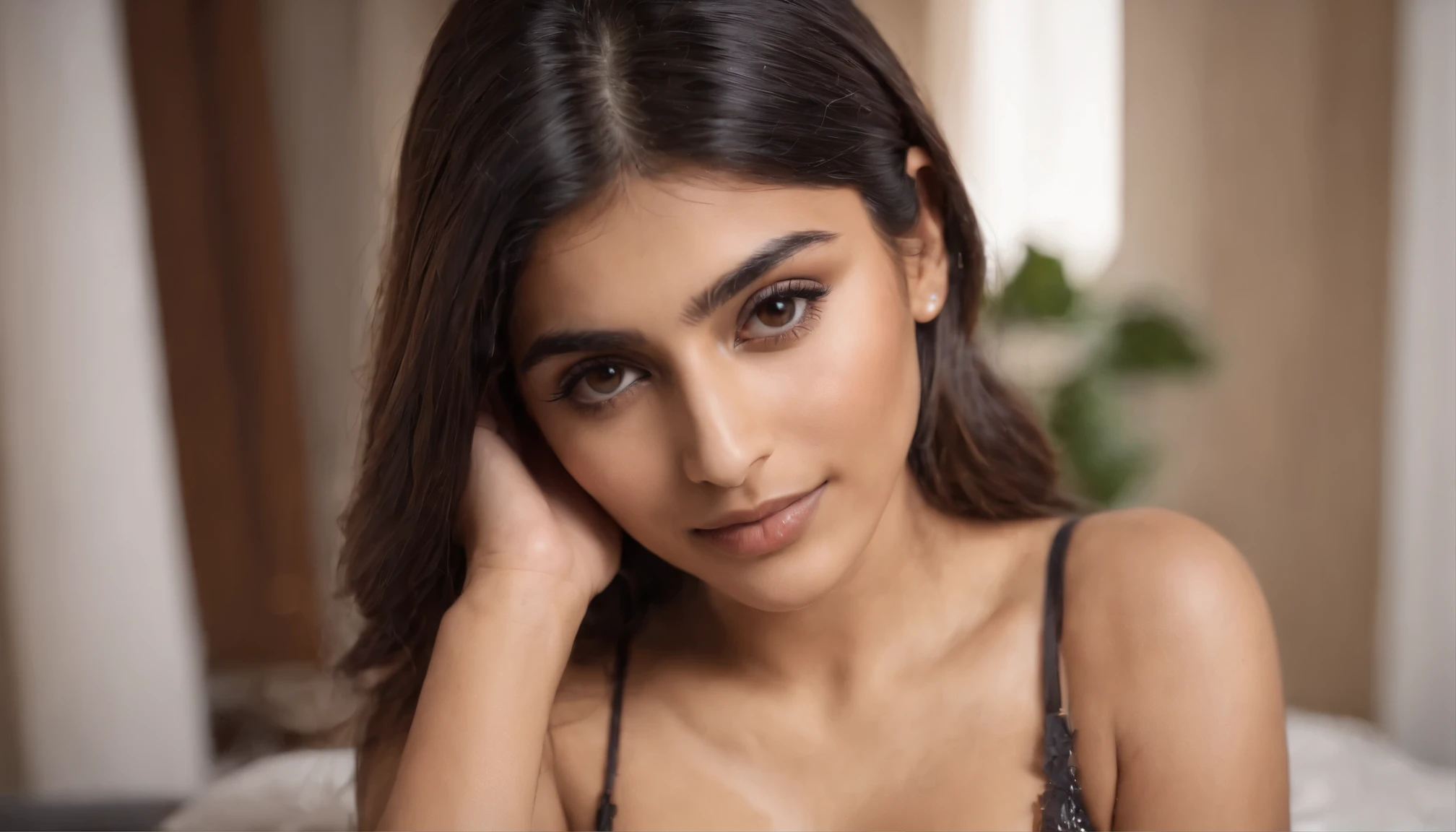 foto de Mia Khalifa, mulher bonita cabelo preso para cima, deitada na cama (pernas abertas), (corpo inteiro: 1,3), figura sexy, (peitos grandes: 1,3), (meias rendadas), (obra-prima) (melhor qualidade ) (detalhado) (8k) (HDR) (papel de parede) (cinematic lighthing) (foco nítido) (intrincado)