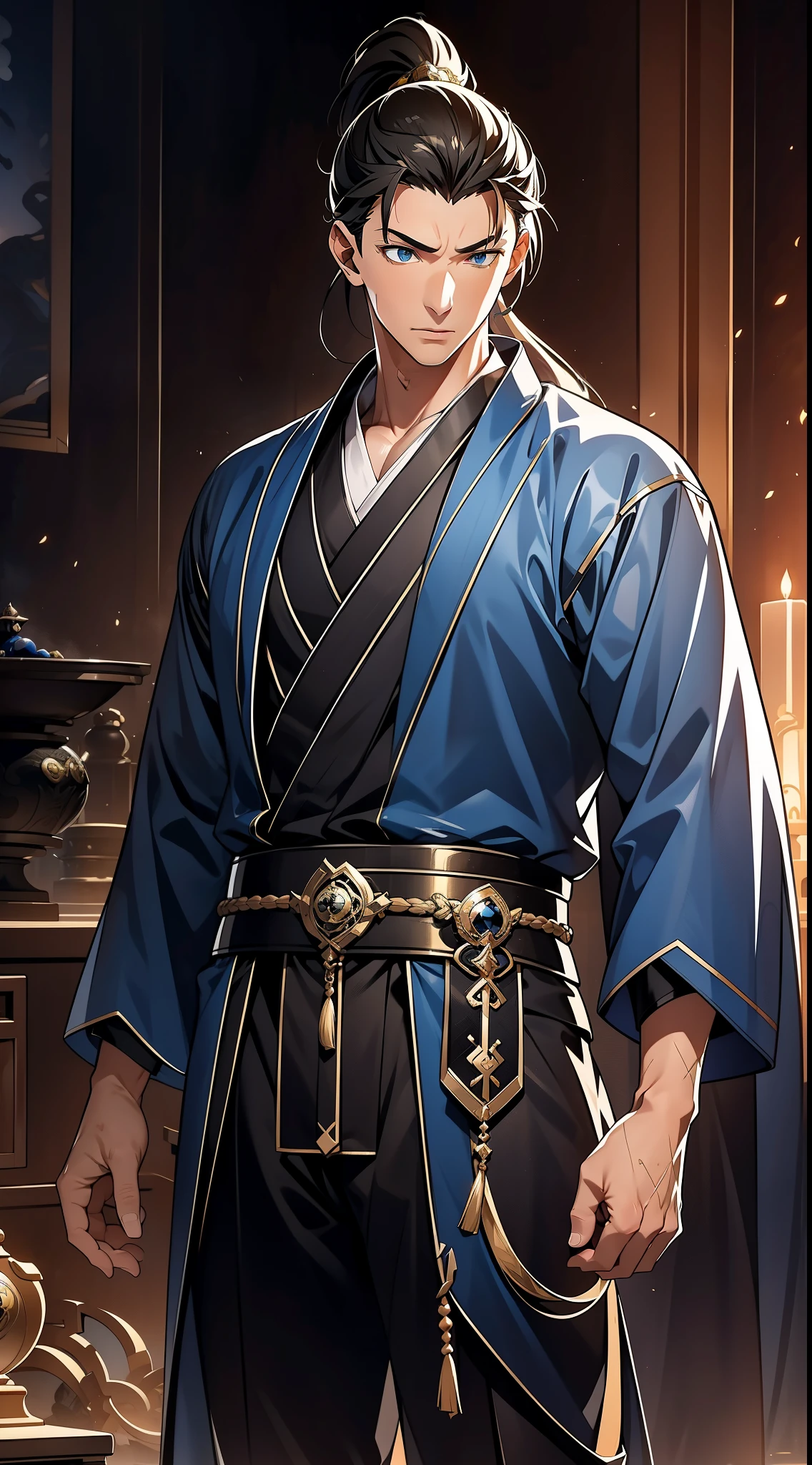 Two dimensions，anime style，one person（male warrior），proportions are correct，facial details，swordsman，high ponytail hairstyle，neck detail，Have an Adam&#39;s apple，blue suit，joke，blue robe，clothing details，transfer，long sleeves，Game quality，fencing，Ray tracing，Ray tracing，Detailed glow，CG rendering，hair details，long black hair，blue eyes，Handsome，Handsome，（Youthful feeling），Costumes are complicated，Perfect composition，Refinement，high quality，higher details，many details，Complex background，a sense of atmosphere，