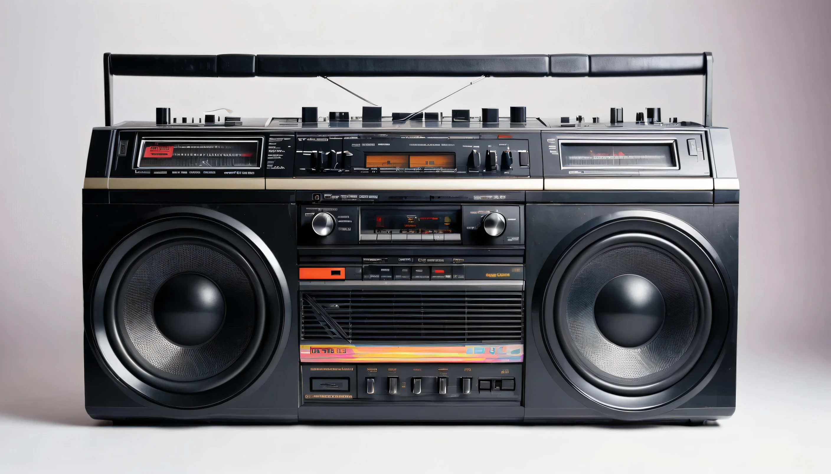 image of an 80's portable boombox, front view, vintage aspect, no background, no other items, no person present