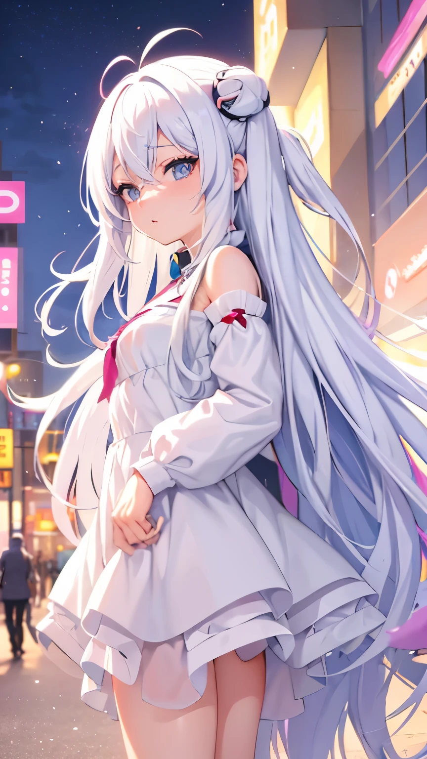 Anime girl with long white hair and blue eyes in the city, Anime visual of a cute girl, cute anime girl, beautiful anime girl, best anime 4k konachan wallpapers, anime style 4k, perfect white haired girl, an anime girl, night nucleus, young anime girl, beautiful anime girl, anime atmosphere, white hair girl, anime wallpaper 4k