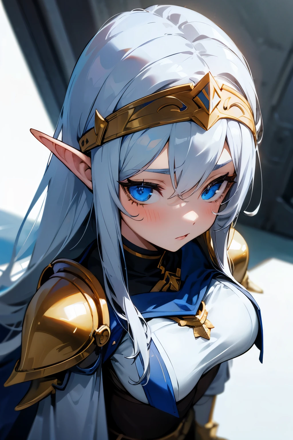 Cute girl, blue golden knight armor, Knight helmet, Huge tits, Headband, silver hair, elf ears, Beauty mark under the eyes, Blue eyes, Complex details, Hinge, Masterpiece, Best quality, 4K,