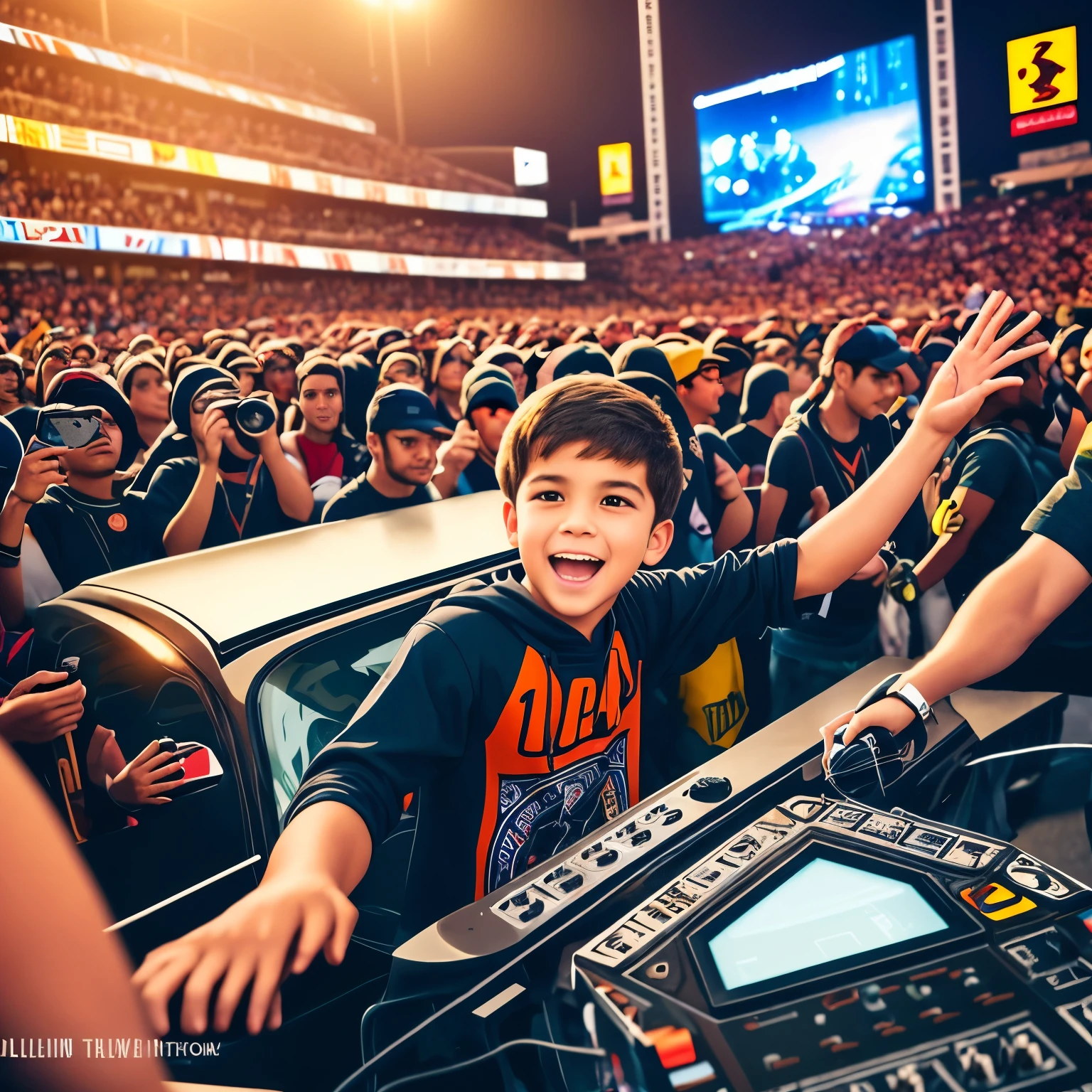 A lively boy, with bright eyes full of excitement, is seen at the heart of a bustling crowd, skillfully operating a high-tech sound system. His dexterous fingers dance over the controls, manipulating the beats and the volume, creating a captivating atmosphere. Realistic shadows and reflections add depth to the scene, while subtle cartoonish elements bring a playful touch to the image. The crisp air is filled with anticipation and enjoyment, as the crowd anxiously awaits the next rhythmic masterpiece to be born from the boy's capable hands.
