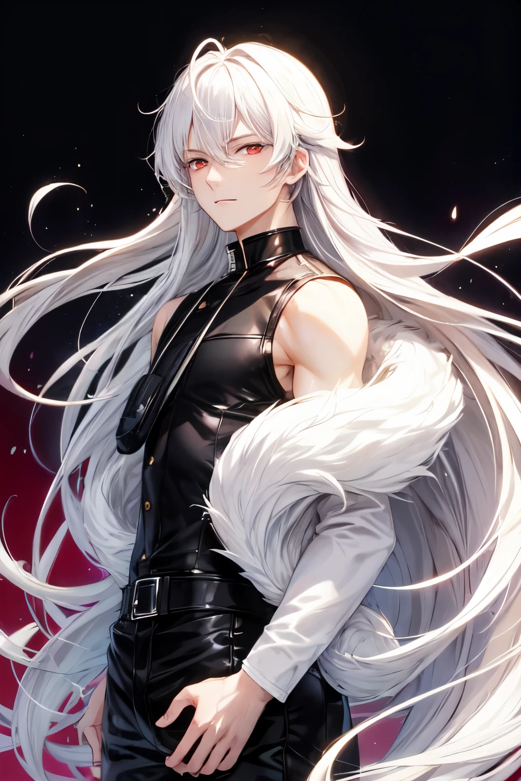 Anime style create a 27 year old man long loose white hair pale skin red eyes make him with black clothes