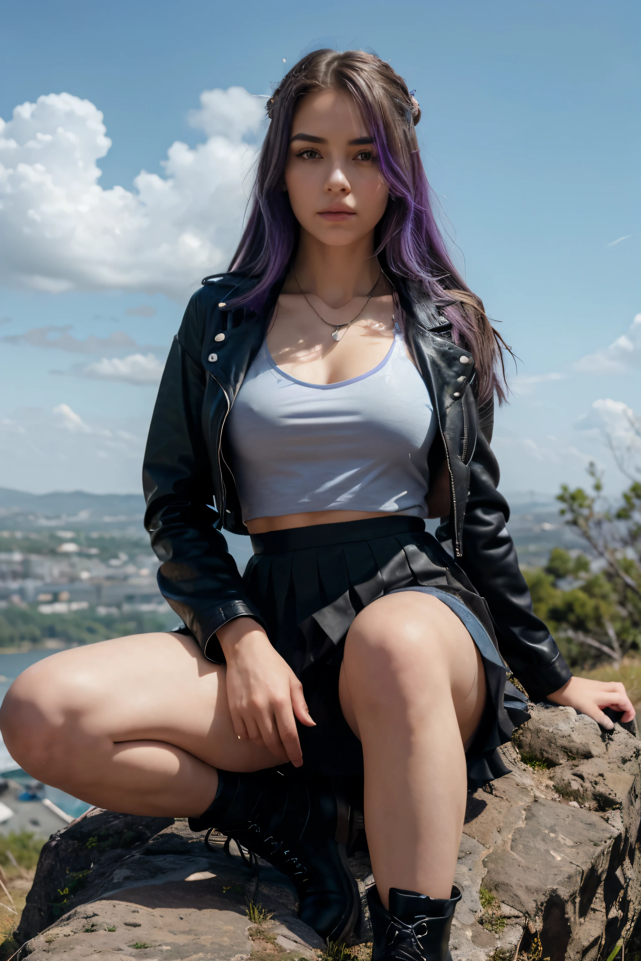 Imagem realista de uma garota de pele branca. Ela tem cabelo comprido com roxo, azul, verde, destaques amarelos e cinza. She has a small nose and full lips. The character wears a black tulle shirt and a leather jacket on top that accentuates her fit physique.. Ela usa saia plissada e botas militares de couro e um pequeno colar. Your pose conveys confidence and a serious expression on your face. She has one hand over the other, leaning on her knee and sitting on a rock at the top of a hill looking directly at us. O fundo tem nuvens coloridas, but the focus is only on the detailed image of the character.