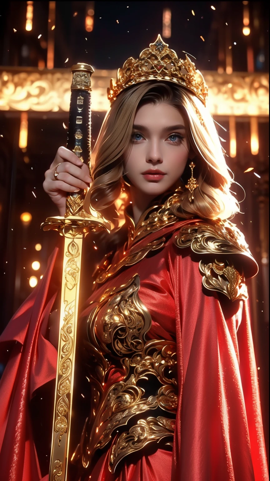 ((Best quality)), ((masterpiece)), (highly detailed:1.3),a woman wearing black armor, long hair. Holding a luxury sword, armor war scene, super cute face, super slim body, super slim, small waist, super perfect huge breast, perfect huge round breast, smooth skin, silky hair, blue eye, 16 year old, red robe,blue  hijab with a princess crown , luxury golden pattern armor,  blonde, fighting style, red lips, blushing, erect nipples , 