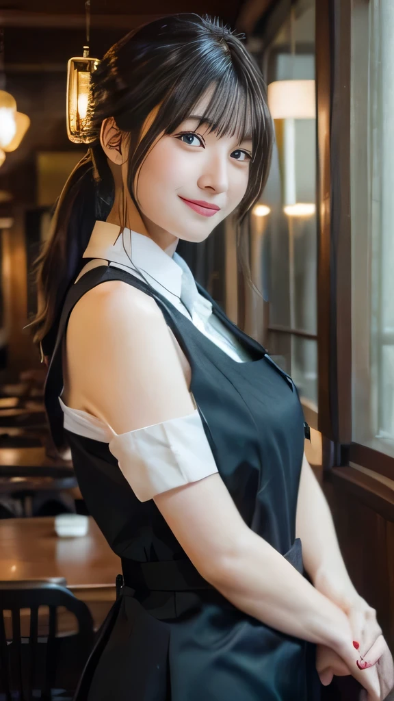(highest quality,masterpiece:1.3,ultra high resolution,),(Super detailed,caustics),(Photoreal:1.4,RAW shooting,)ultra-realistic capture,very detailed,High resolution 16K human skin close-up。 natural skin texture、,The pores are、、、、Must be detailed enough to be easily identified。 Skin should look even-toned and healthy。 Use natural light and color,restaurant,waitress uniform,1 girl,Japanese,18-year-old,cute,black haired,ponytail,big breasts,smile,turn your body forward,(Front view:1.1),look at the camera,cowboy shot,