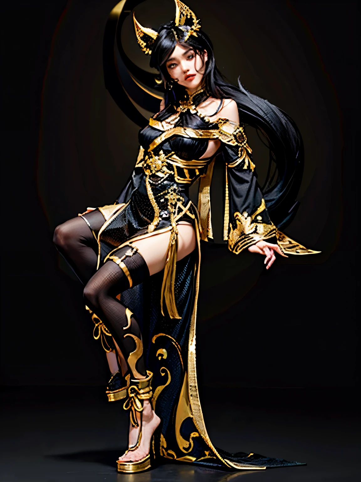 black clothes,black hair,Fair skin and beautiful appearance,masterpiece,best quality,2k,black background,Golden tail,Exquisite anime characters