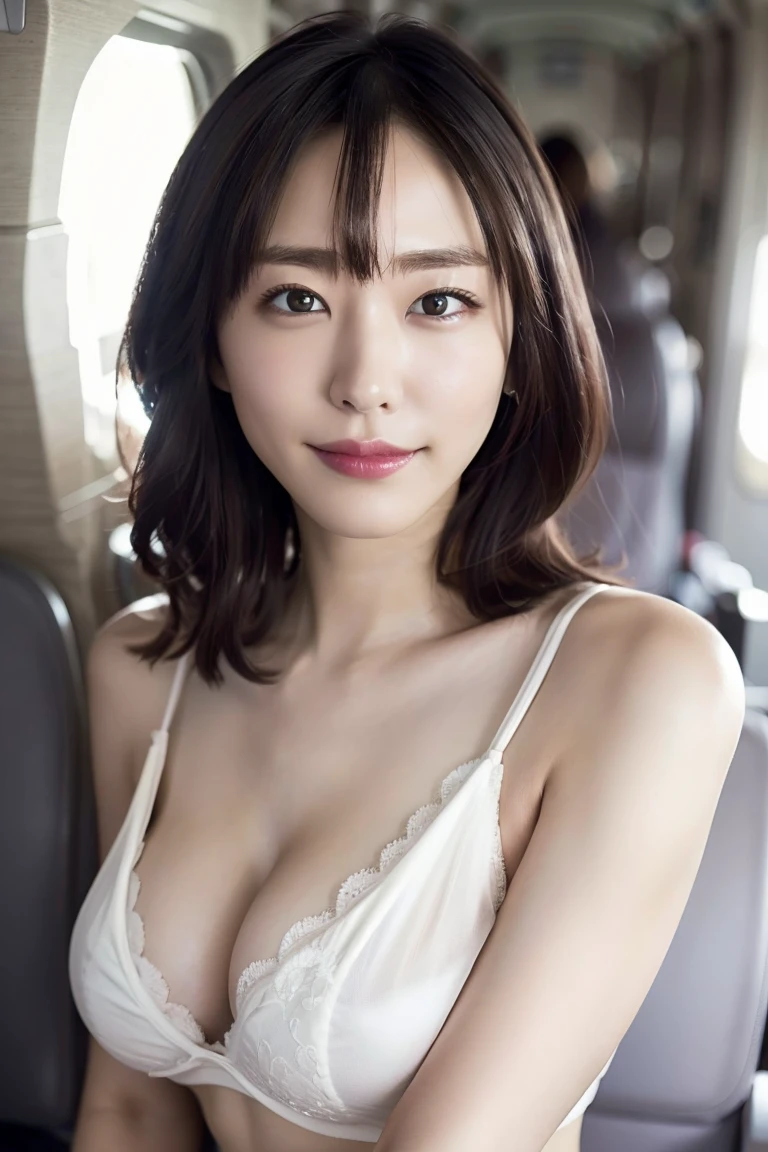 (masterpiece), (highest quality: 1.0), (ultra high resolution: 1.0), (upper body shot: 1.5), detailed, one young girl, (detaileds: 1.5), Beautiful Skin, face focus, (detaileds: 1.5), watch viewer, white bra, race, clavicle, race_trim, length_hair, 茶hair, (Gakki: 1.2), Inside the plane, smile, nature, Slender beauty, big breasts, whole body, straight hair、Slight cleavage、cinematic lighting、detailedな下着のデザイン、See-through、前hair、whole body、beautiful legs