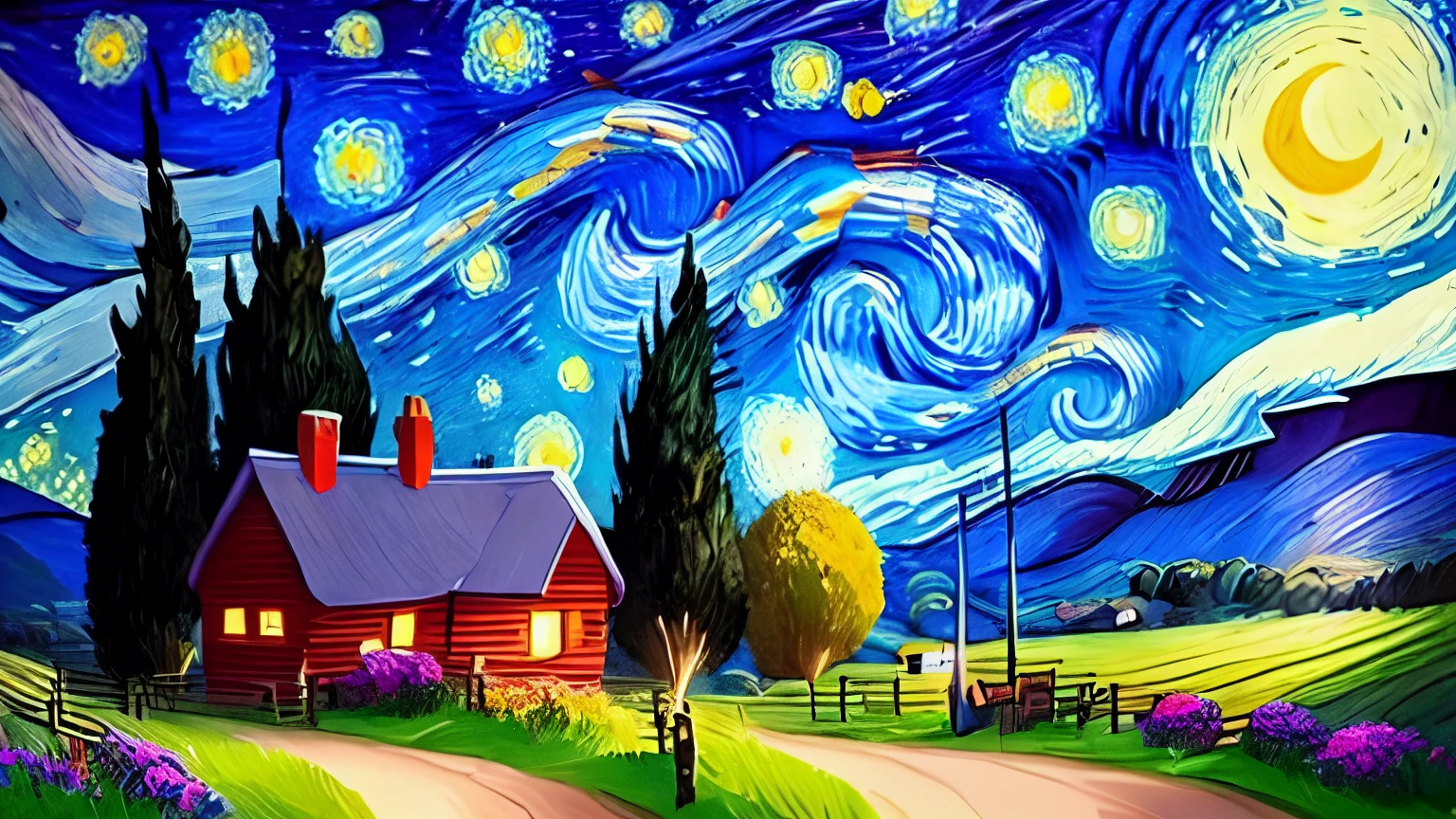 In this AI-generated image inspired by van Gogh's style, a vibrant starry night sky illuminates a countryside scene with bold brushstrokes and expressive colors. A rustic cottage and lively flowers embody the artist's emotional intensity and celebration of nature.