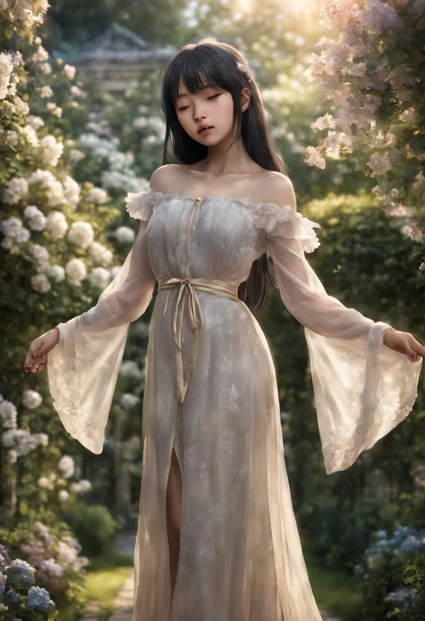 (masterpiece, photograph_genuine, octane rendering):1.4, 1 girl,  long flowing black hair,  (bangs between eyes), blue eyes, beautiful breasts, perfect anatomy, ((This is Chitanda)), Complex, delicate, (Fortress Hohensalzburg:1.3), (balcony, garden), majestic, bright atmosphere ,  (simple dress), (Indigo arabesque pattern), (beige dress), (just should), beautiful waistline, (white ribbon), skirt fluttering in the wind,  (Detailed closed eyes:1.2), pray, (perfect hands, 5 fingers only), Front view of girl standing on Center  of garden, From Forward, Quiet, majestic, (subjective perspective),  (symmetry of light and shadow), ethegenuine lighting, dim light, emerging faintly from the darkness, Diffused natural skin glow, dense and delicate dress, 美しいdelicateな輝き, an extremely delicate and beautiful,  Multicolored starry clouds,  