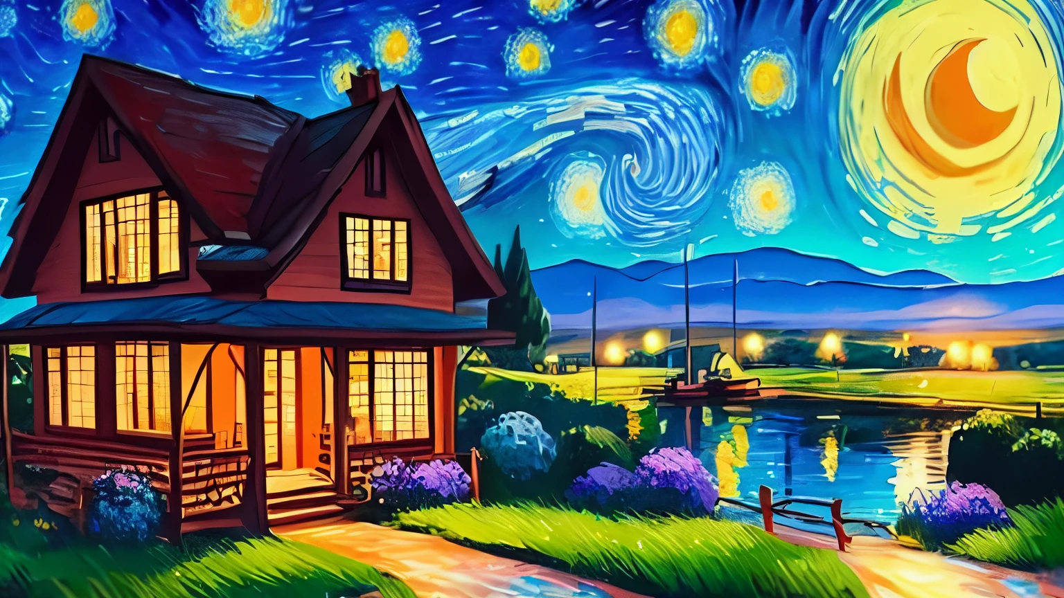 In this AI-generated image inspired by van Gogh's style, a vibrant starry night sky illuminates a countryside scene with bold brushstrokes and expressive colors. A rustic cottage and lively flowers embody the artist's emotional intensity and celebration of nature.