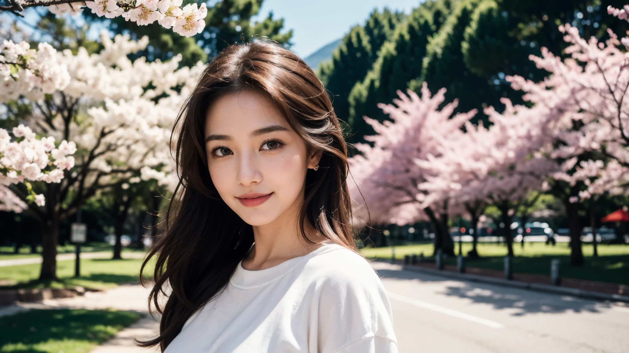 masterpiece, Best Quality, Photorealistic, Ultra-detailed, finely detailed, High resolution, 8K Wallpaper, 1 beautiful woman, light brown hair, sharp focus, Perfect dynamic composition, Beautiful detailed eyes, detailed hairs, Detailed realistic skin texture, Smiling, portrait, Model body type, Take a walk in the park with cherry blossoms and Fuji Mountain background,