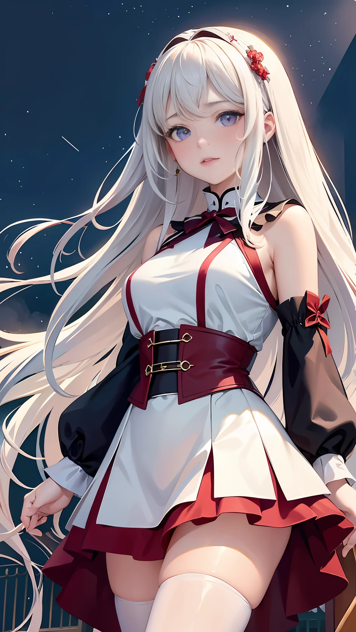 (masterpiece, top quality, best quality, official art, Beautiful and beautiful:1.2), (1 girl:1.3), (Fractal art:1.3),absurd, masterpiece, best quality, actual, Super detailed, (skin shiny, Sweaty:1.4), looking at the audience, 细long, alone, white sneakers, white miniskirt, long hair, white hair, red eyes, heterochromia, multi coloured eyes, (Thick thighs:0.5), Dynamic lighting, high resolution, sharp focus, depth of field, medium breasts, masterpiece, best quality, Super detailed, illustration, Super detailed face, best quality face, aldult, 1 girl, 18 years old, aldult, Intricately detailed clothing, sexy pose, glowing red dress, Lovely, kawaii, The art of math, delicate eyes, blushing, red cheeks, actual, purple eyes, glowing eyes, top, skirt, open lips, blush, night, sun, sunlight, Lovely, kawaii, The art of math, delicate eyes, Embarrassed expression, long_hair, blushing, moon, Star_\(Sky\), Starry_Sky, full_moon, photoactual, Asian, Miss, Mix 4